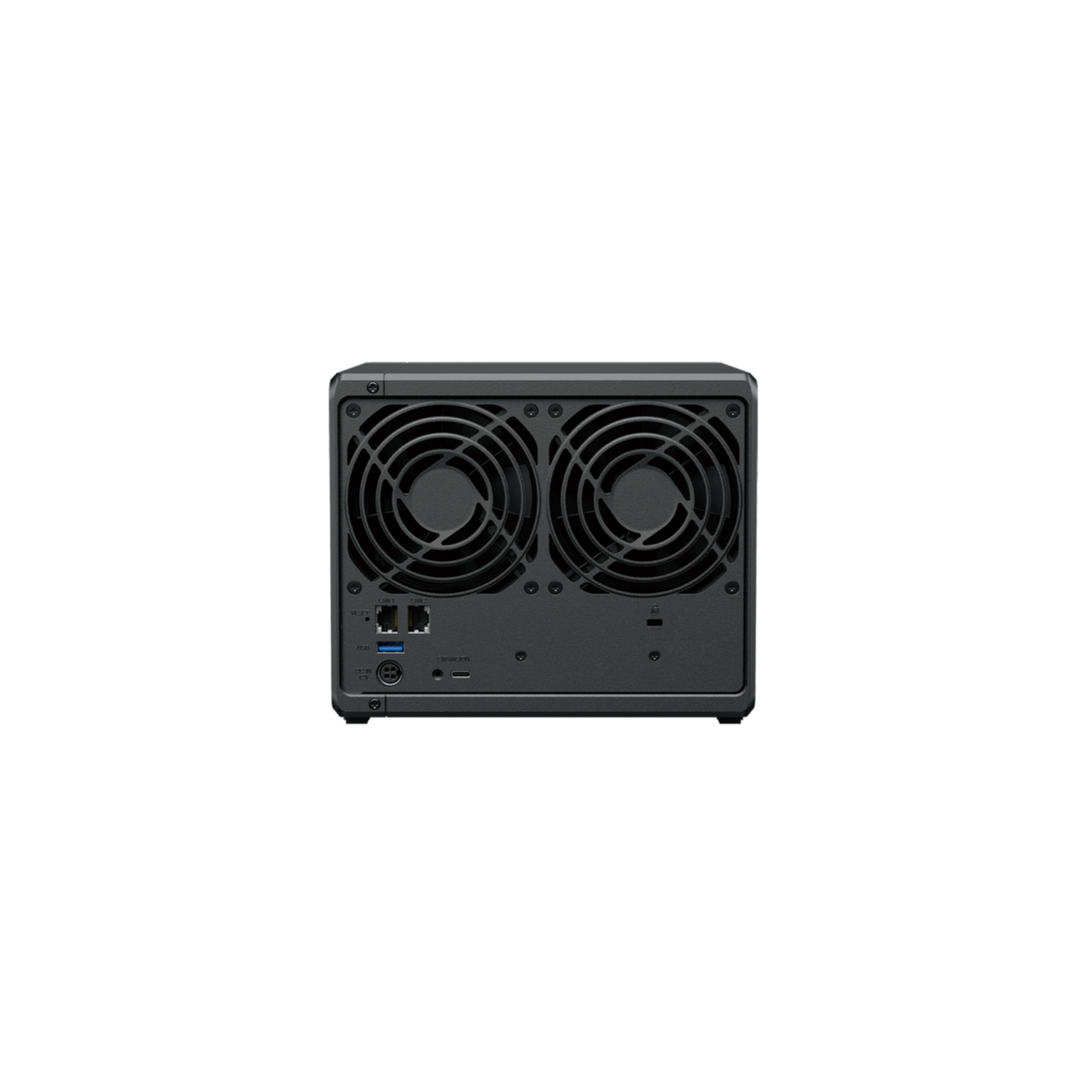 Achterkant van een zwart NAS-apparaat met twee ventilatoren, poorten en stroomingang.