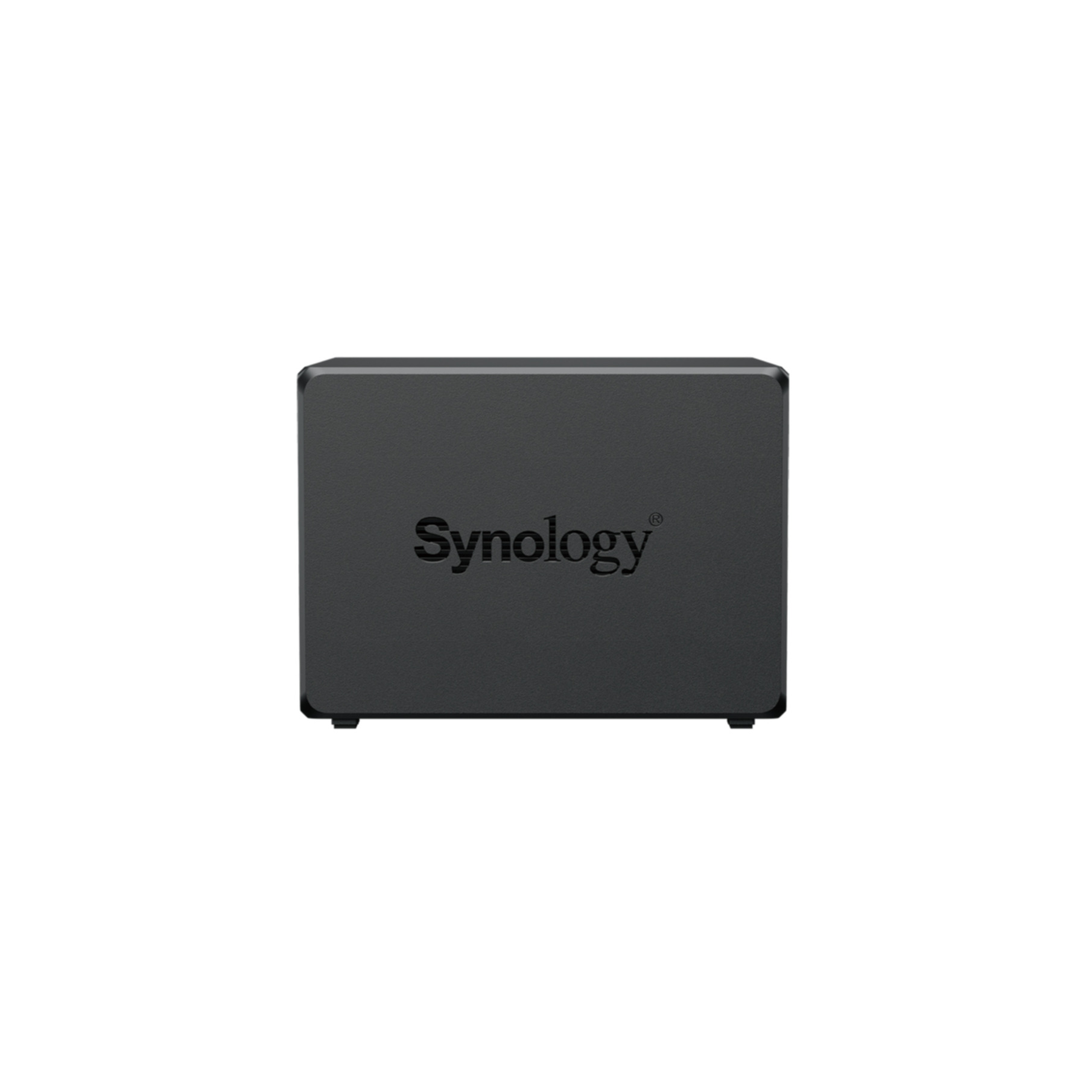 Een zwart Synology NAS-apparaat staat op een witte achtergrond.