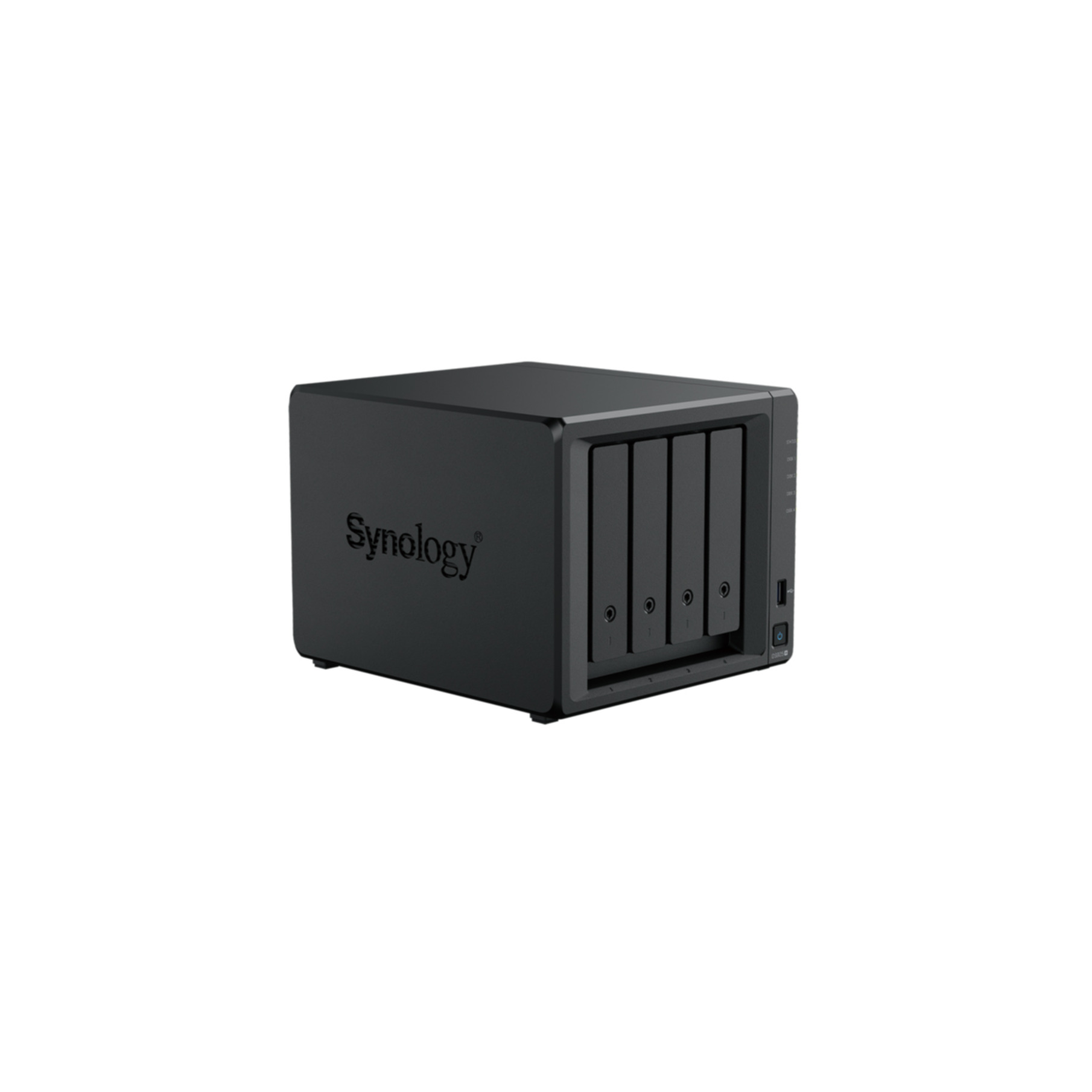 Een zwart Synology NAS-apparaat met vier schijfposities.
