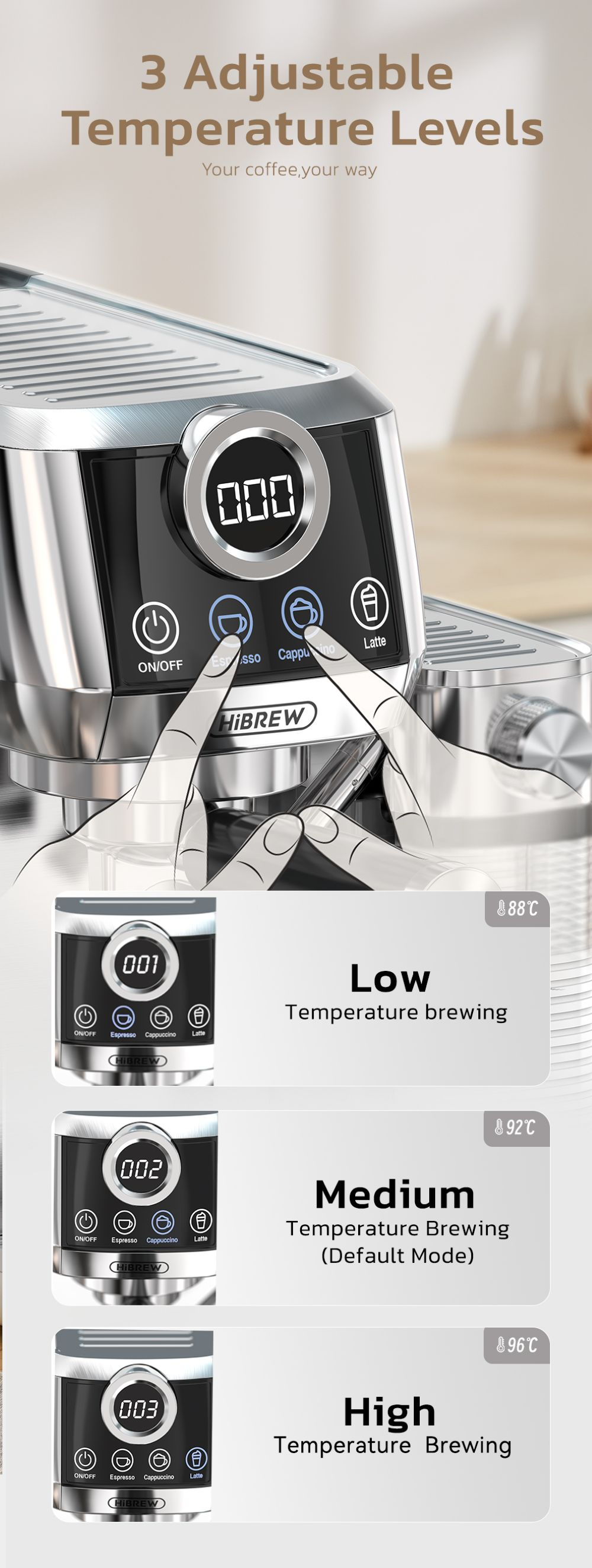 La pantalla de la máquina de espresso muestra 3 niveles de temperatura: Baja (88C), Media (92C), Alta (96C).
