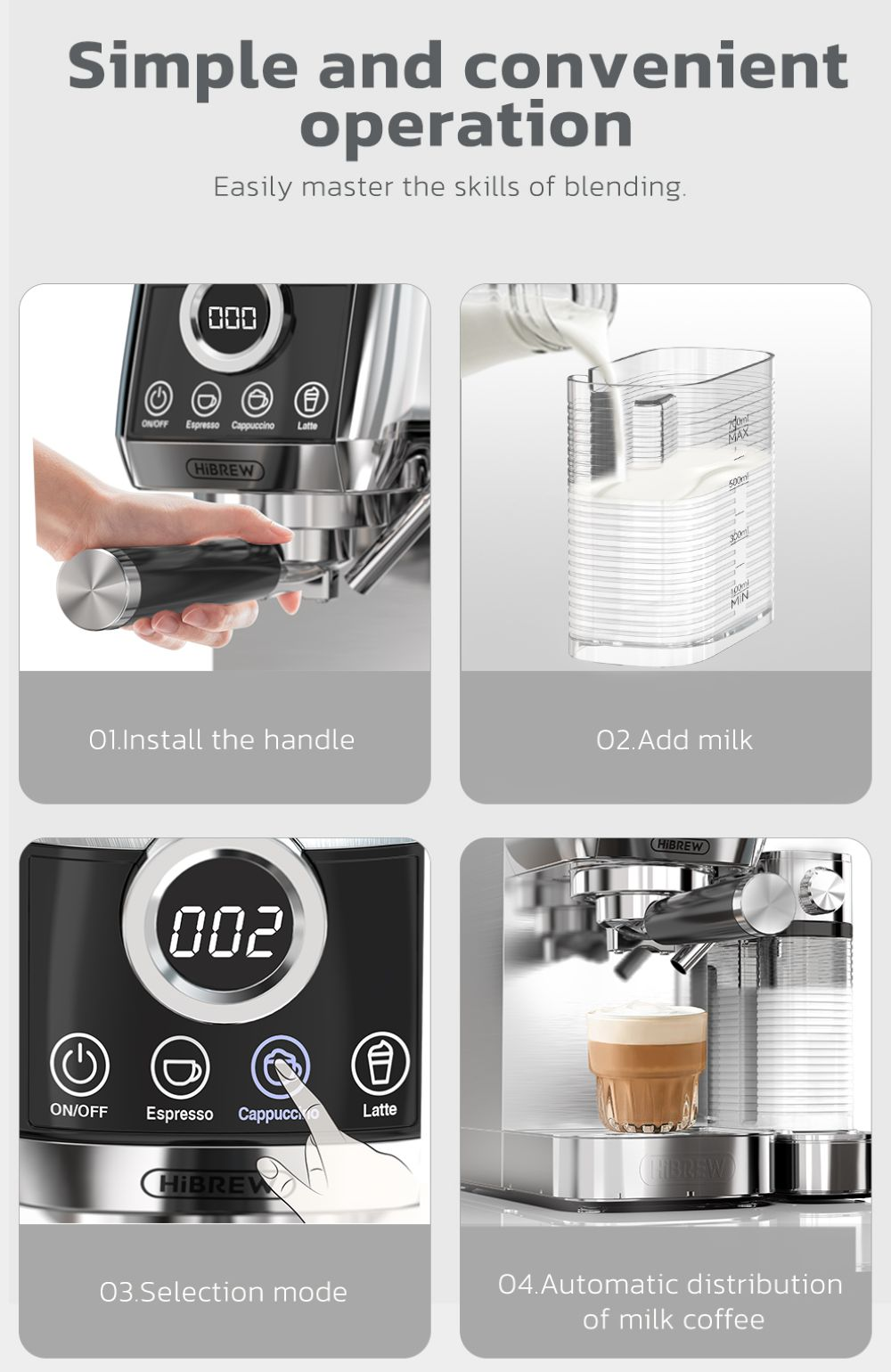 Pasos de la cafetera: Instalar mango, añadir leche, seleccionar modo, café con leche automático.