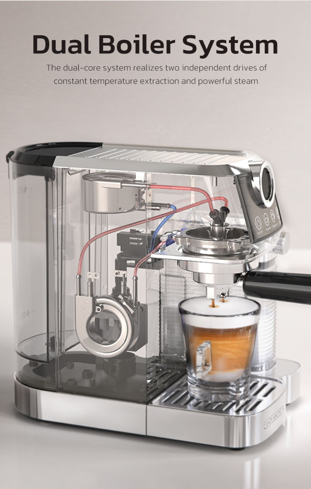 Una máquina de espresso transparente con componentes internos visibles, preparando café en un vaso.