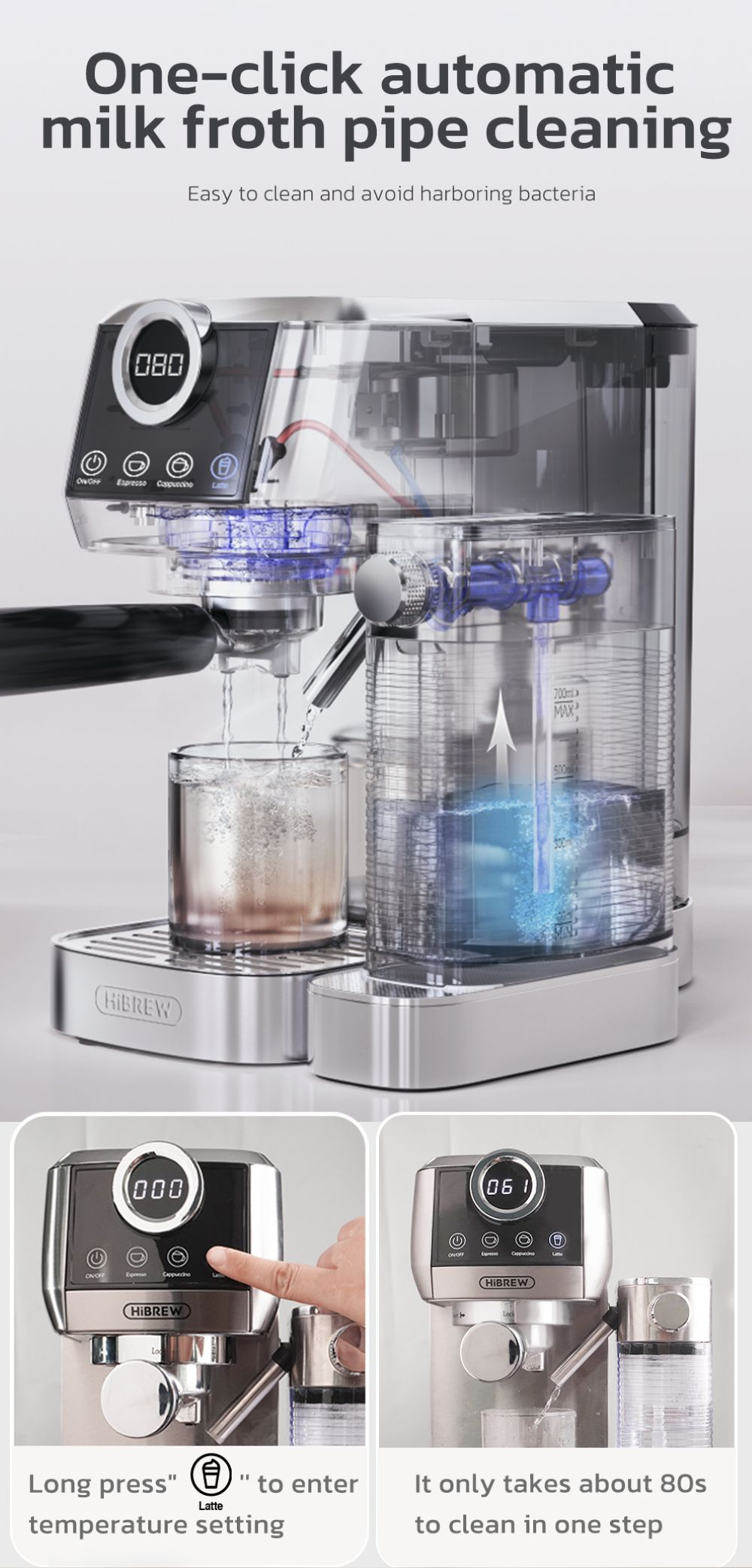 Limpieza automática de la lanza de espuma de leche con flujo de agua.