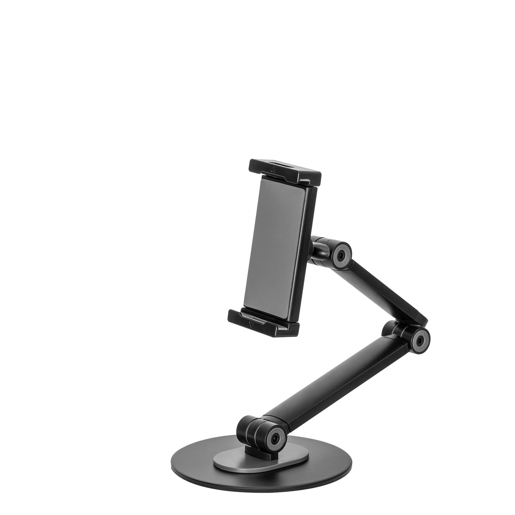 Un support de tablette noir avec bras réglable et base ronde sur fond blanc.