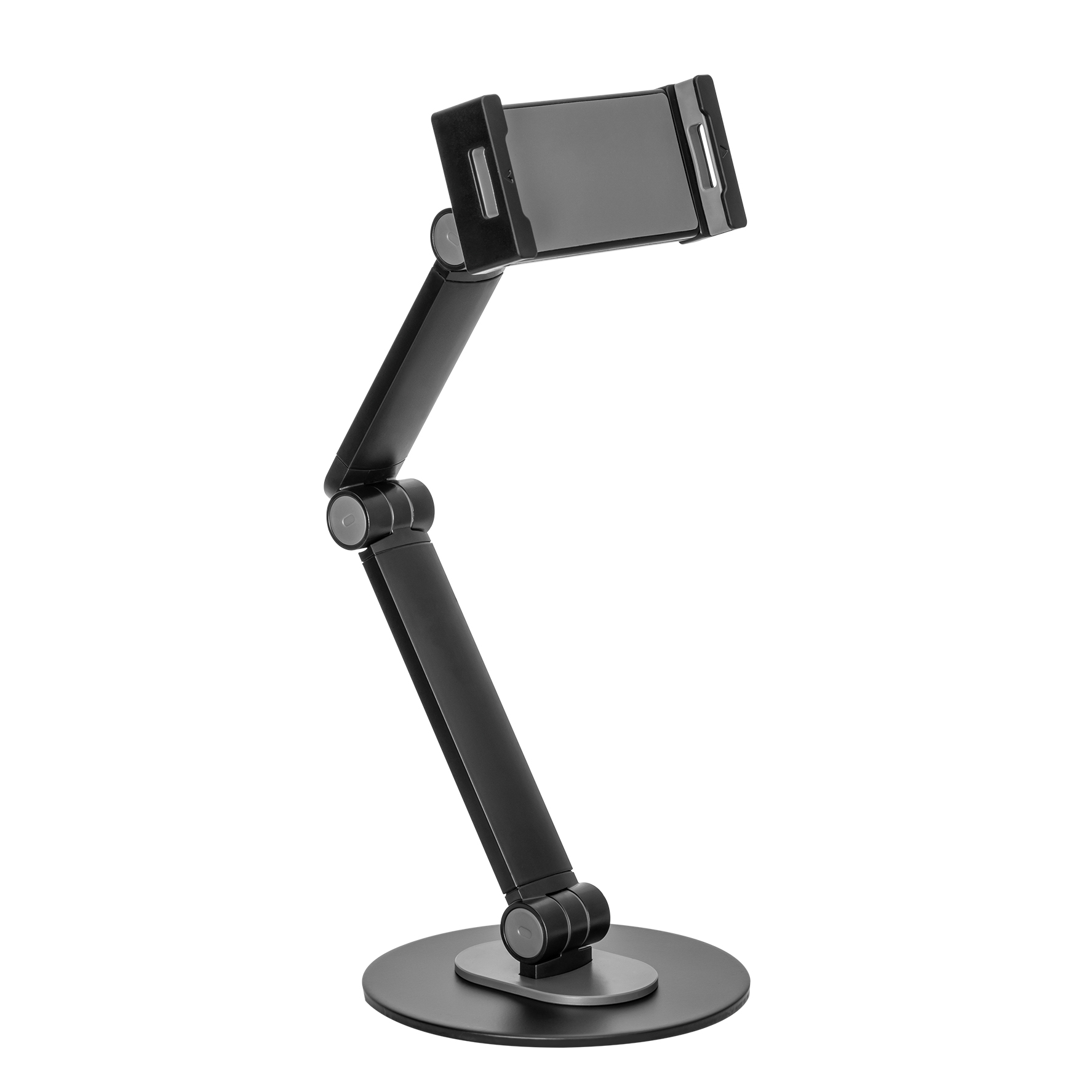 Un support de tablette réglable noir avec une base ronde est présenté sur fond blanc.