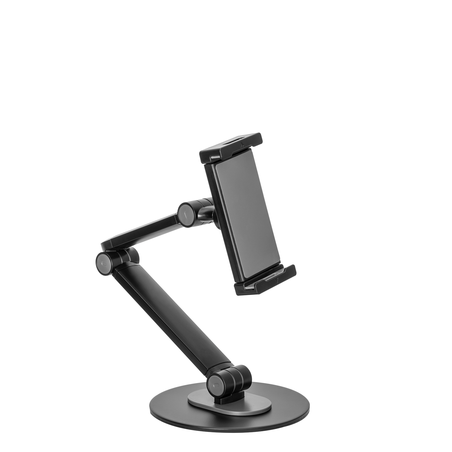 Un support de tablette noir et réglable avec une base ronde.