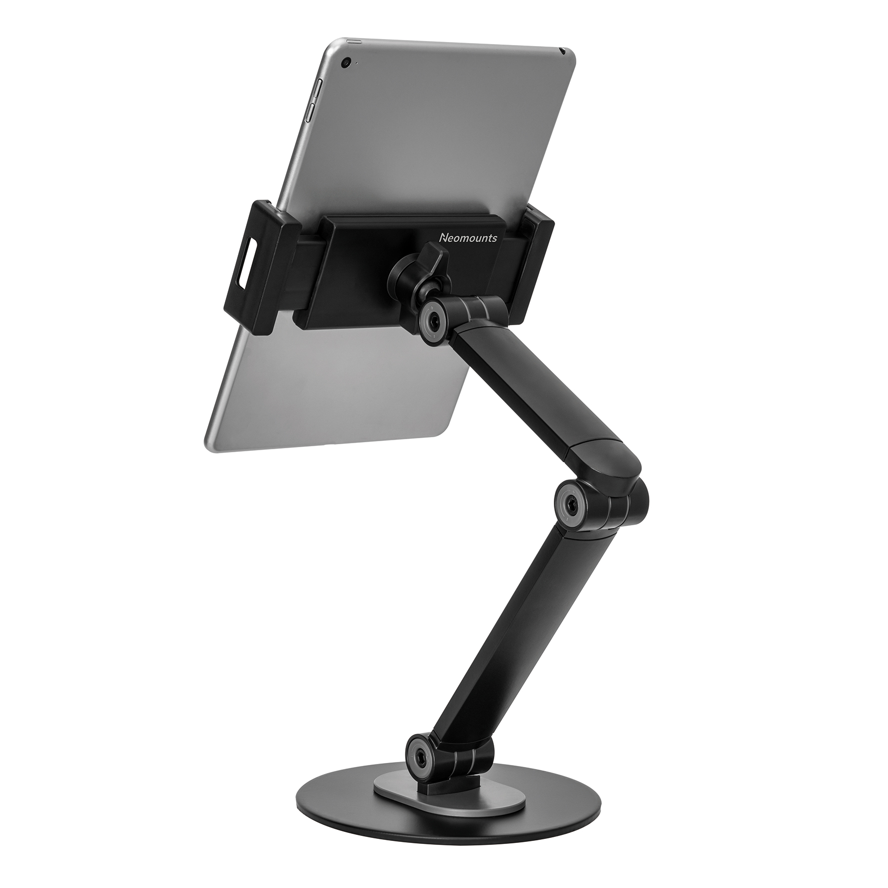 Un support noir pour tablette avec bras réglable sur base ronde.
