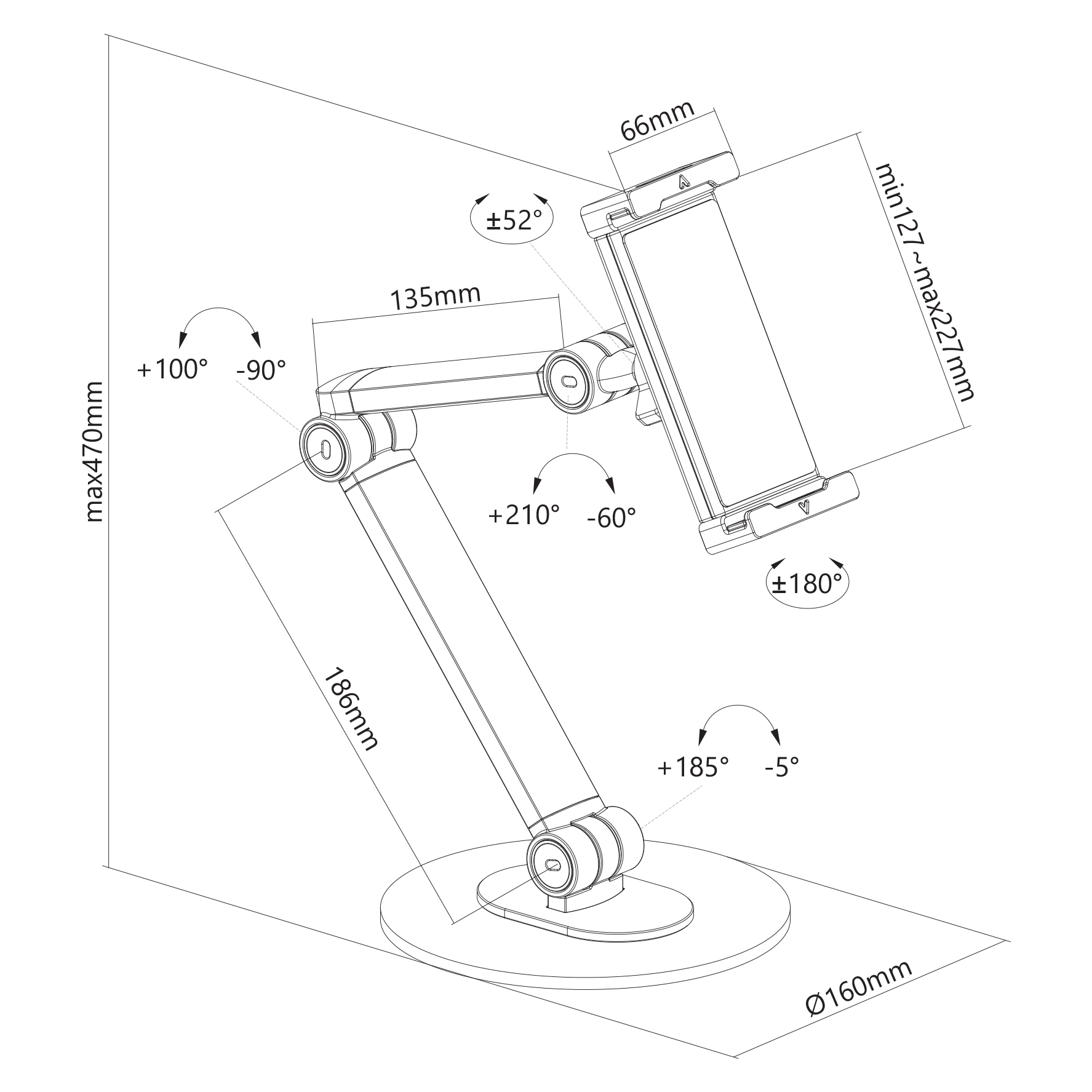 Dessin technique d'un support de tablette réglable avec dimensions et angles.
