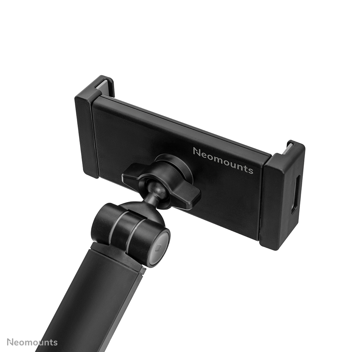 Un support noir pour tablette avec bras articulé, sur fond blanc.