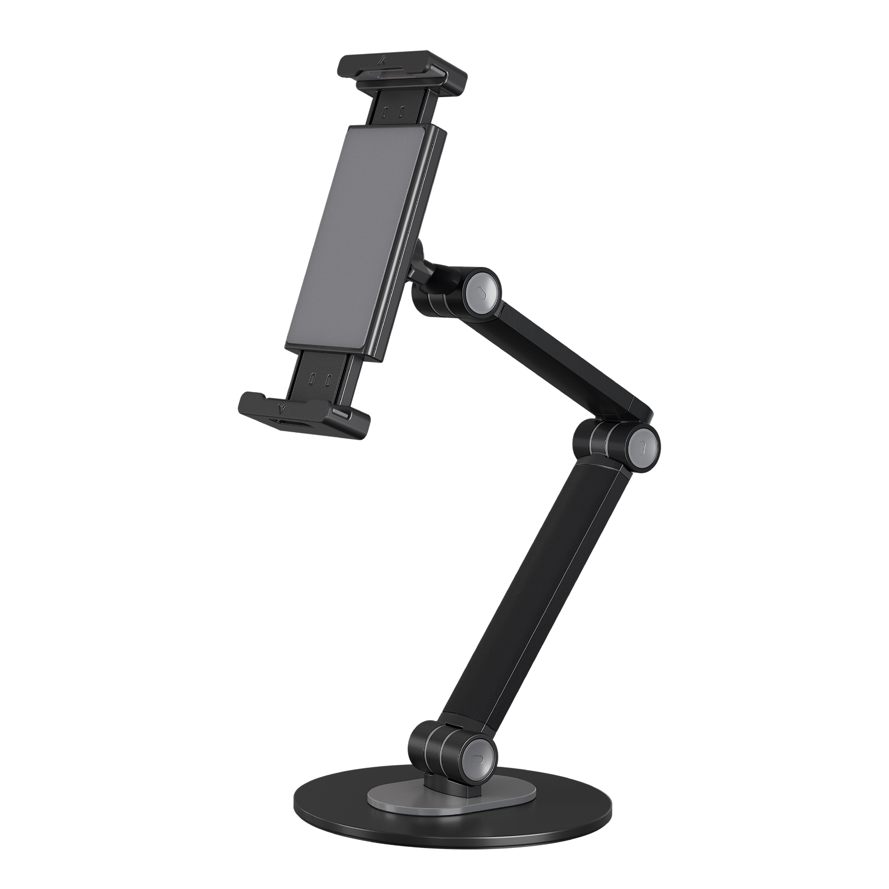 Un support de tablette noir réglable avec une base ronde.
