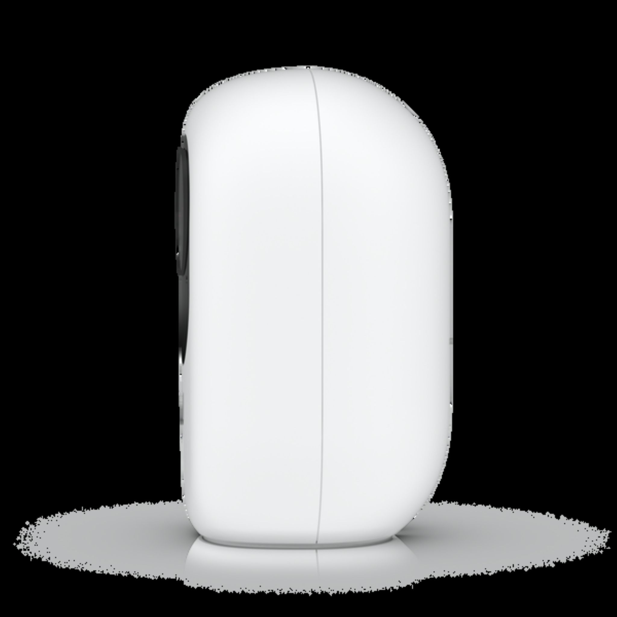 Biała, zaokrąglona kamera bezpieczeństwa pokazana z profilu na czarnym tle.