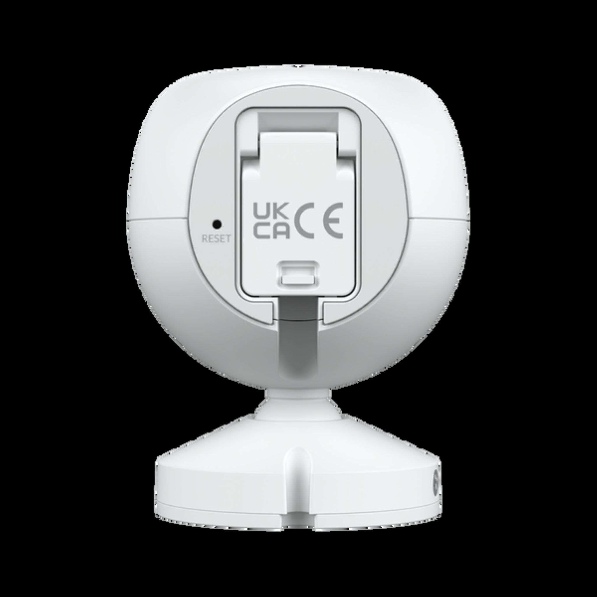 Biała podstawa kamery bezpieczeństwa z przyciskiem reset i oznaczeniami UKCA/CE.