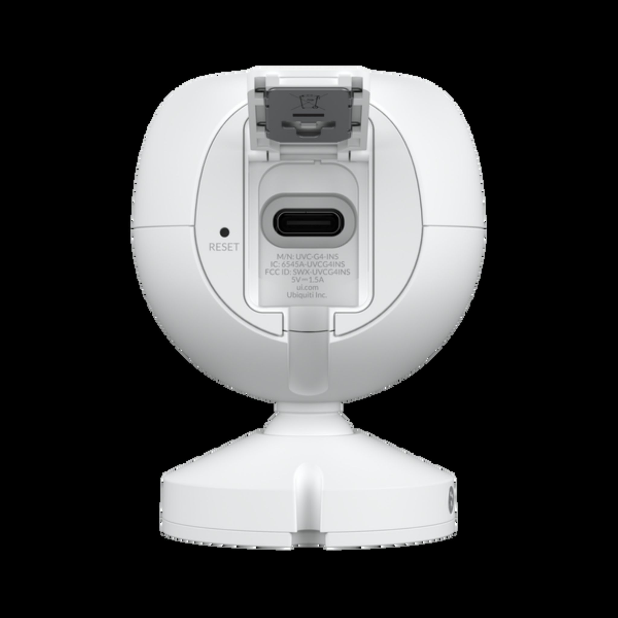 Tył białej kamery Ubiquiti. Przycisk Reset, port USB-C i etykieta informacyjna.