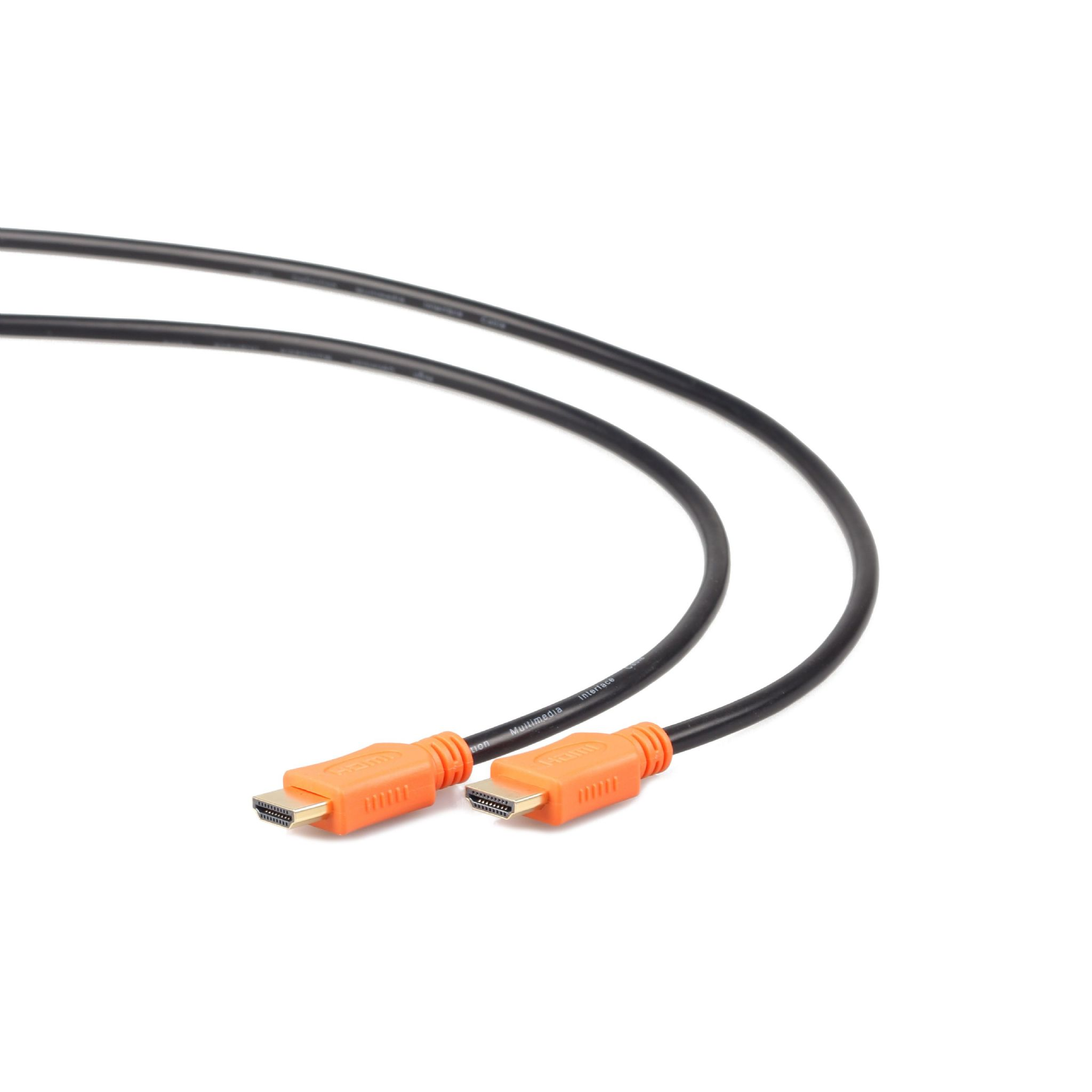 Due cavi HDMI neri con connettori arancioni su sfondo bianco.