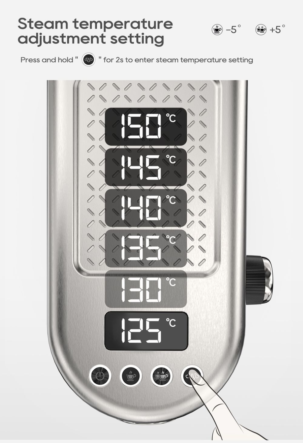 La pantalla digital muestra temperaturas de vapor de 150-125°C. Un dedo presiona un botón.