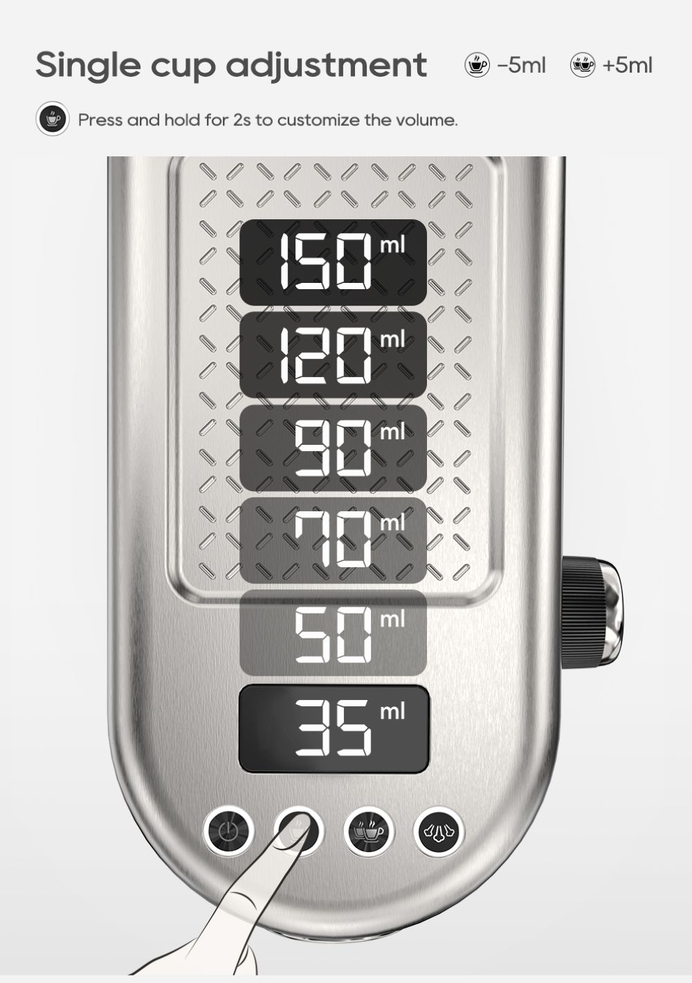 La pantalla digital muestra ajustes de volumen: 150ml, 120ml, 90ml, 70ml, 50ml, 35ml.