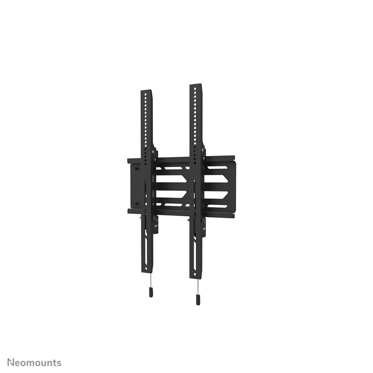 Un supporto da parete TV nero e regolabile con due binari verticali.