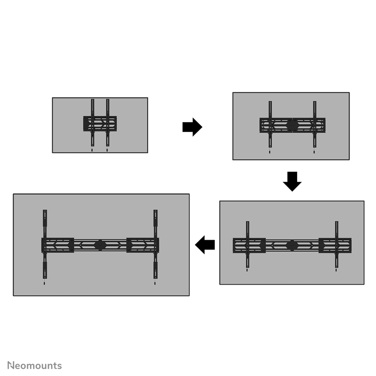 Diagramma mostra i passaggi di montaggio per un supporto da parete TV. Quattro fasi.
