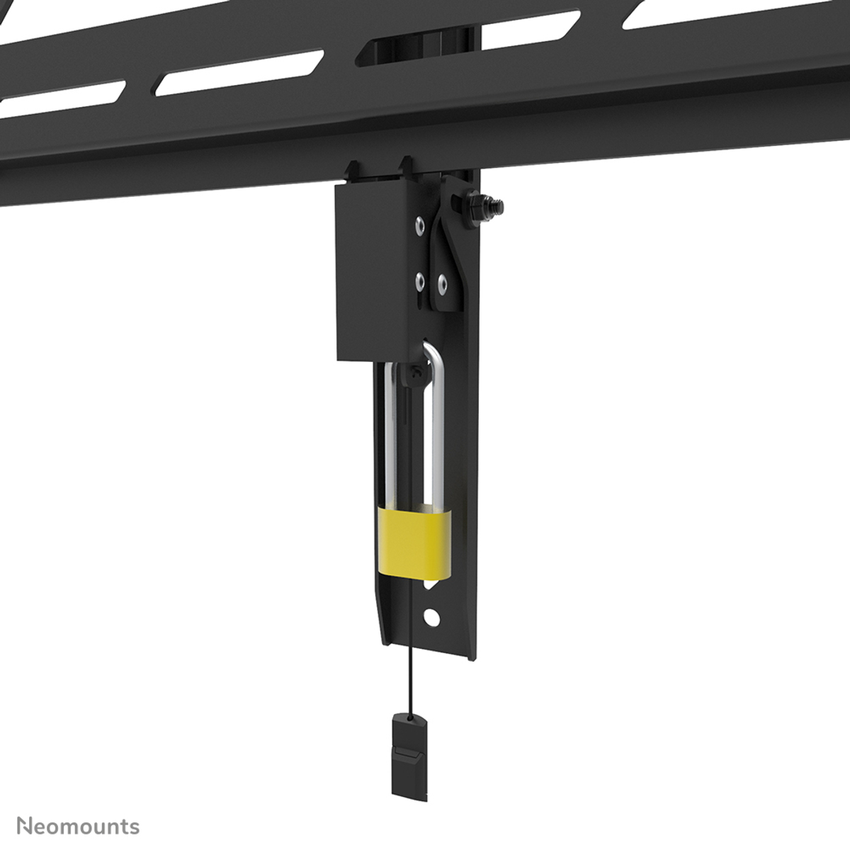Supporto a parete nero con lucchetto giallo e cordino.