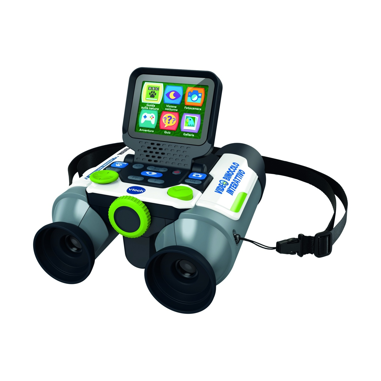Un binocolo video interattivo Vtech con schermo che mostra icone di giochi. Ha pulsanti verdi e cinghia nera.