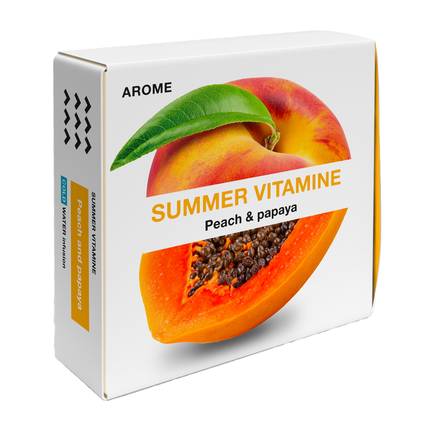 Scatola con testo "Summer Vitamine Peach & Papaya" e immagini di pesca e papaya.