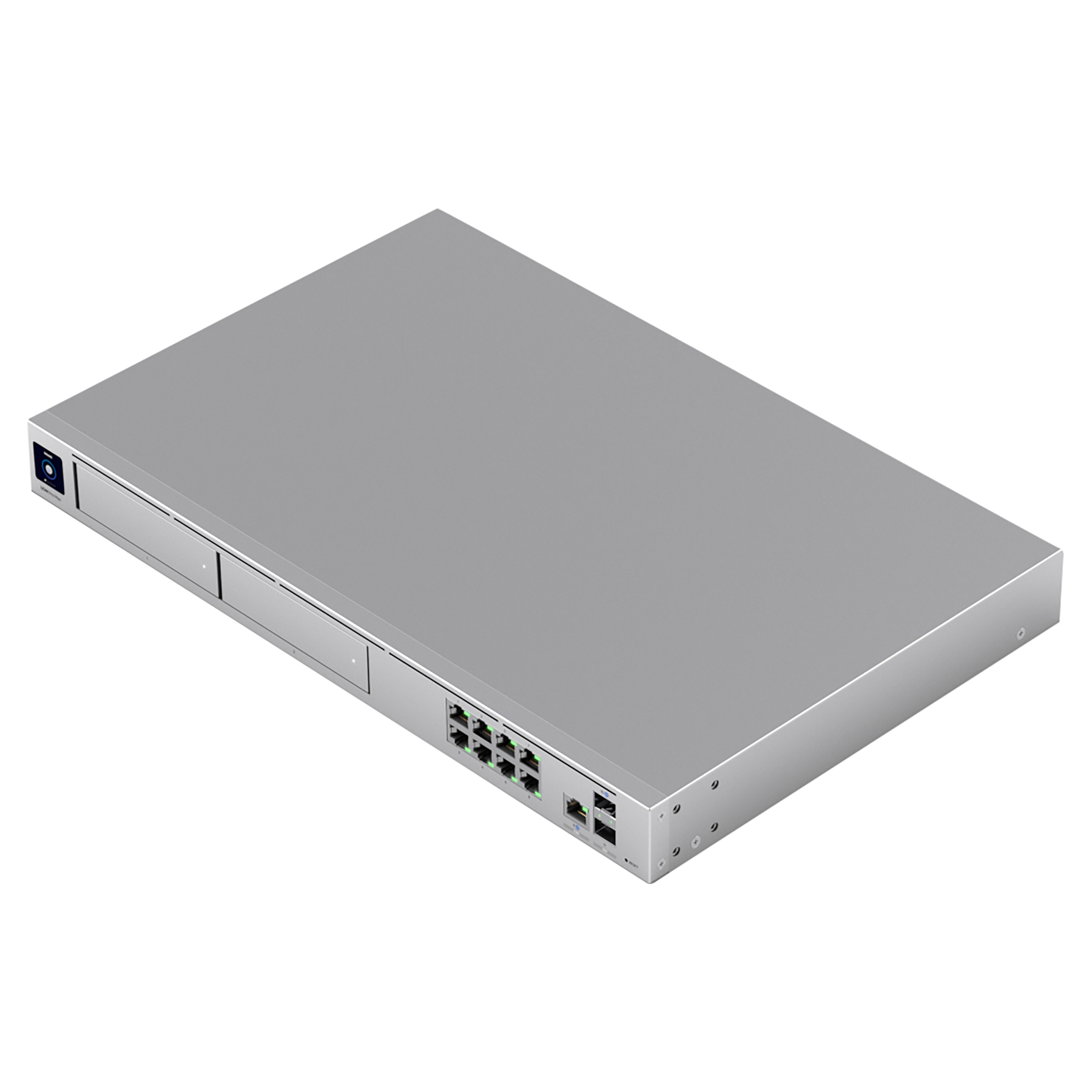 Srebrne urządzenie sieciowe z portami i światłami z przodu, na białym tle.