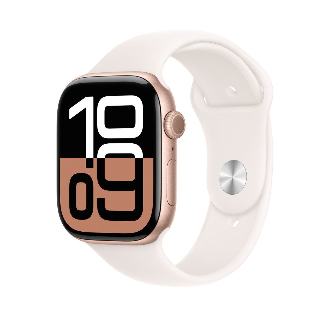 Eine goldene Smartwatch mit einem cremefarbenen Armband und digitaler Uhrzeit.