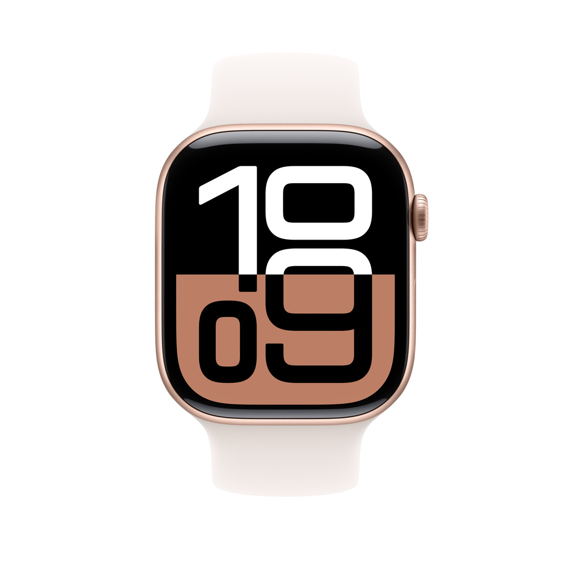 Eine goldene Apple Watch mit weißem Armband zeigt 10:09 auf dem Bildschirm.