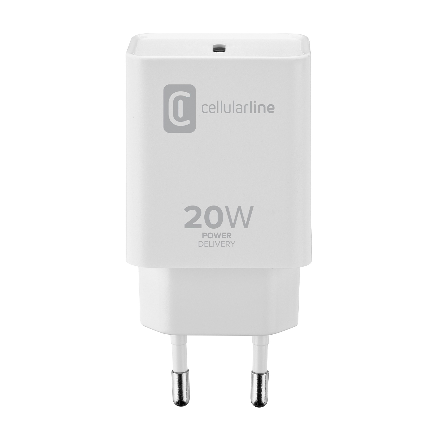Un caricatore bianco Cellularline da 20W Power Delivery con due pin metallici.