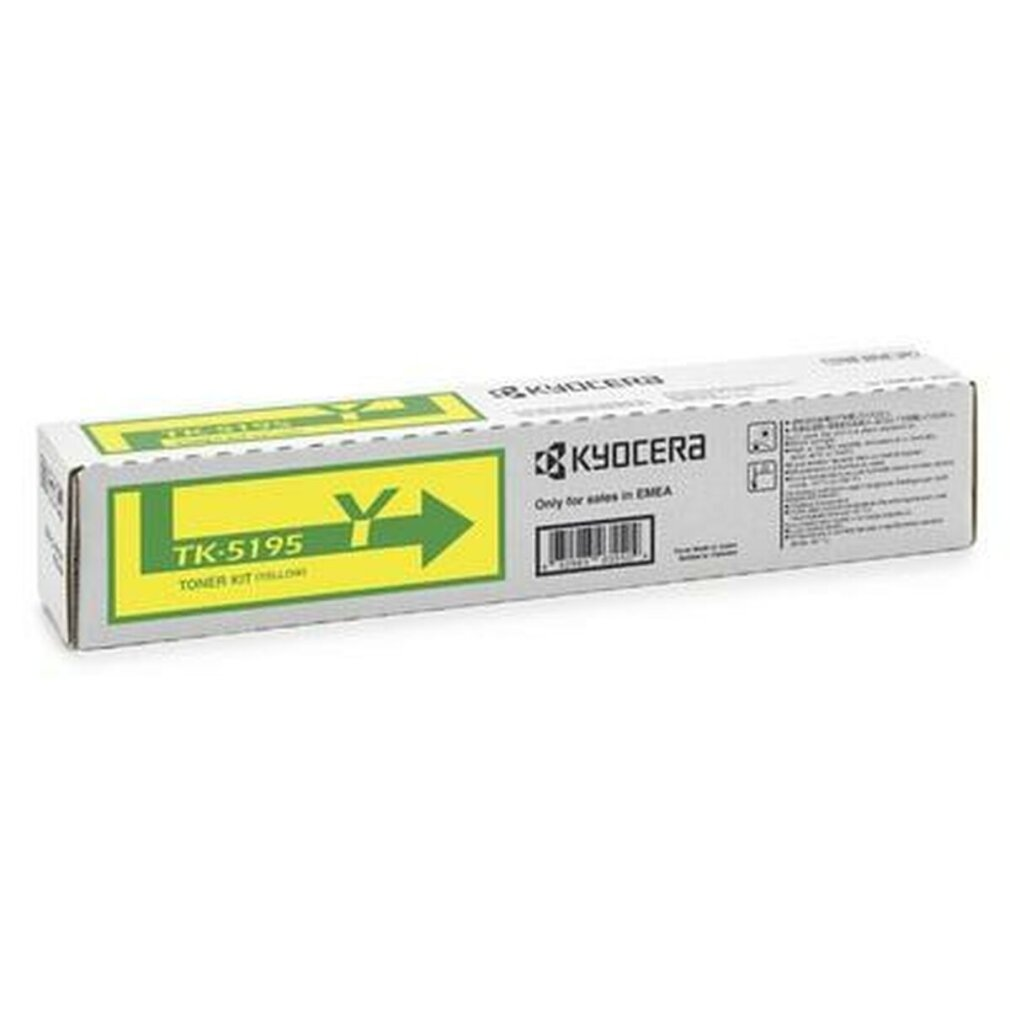 Een gele Kyocera TK-5195 tonerkit doos met groene tekst en een groen pijllogo.