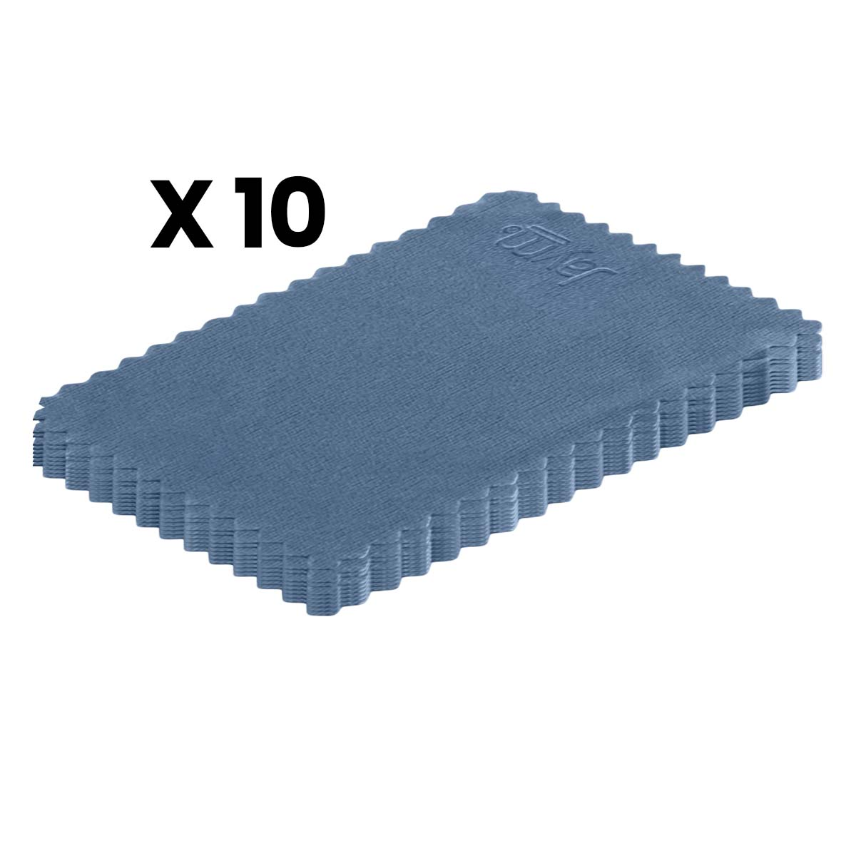 Ein Stapel von zehn blauen Pads mit gezackten Kanten. Text "X 10" ist sichtbar.