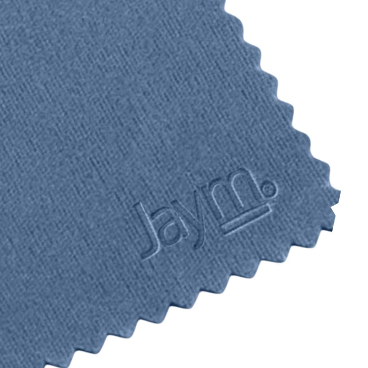 Blaues Mikrofasertuch mit geprägtem Jaym-Logo und gezackten Kanten.