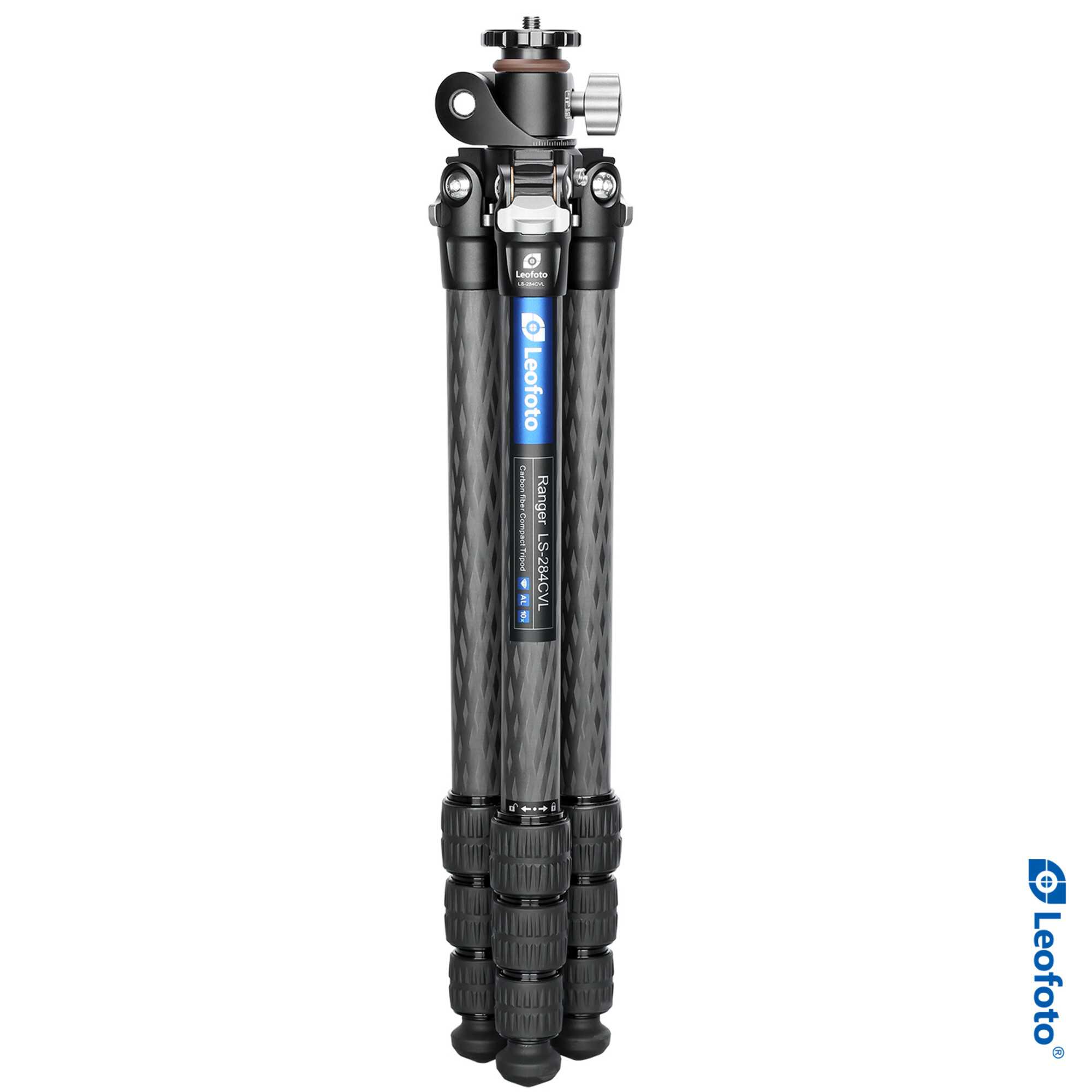 Ein schwarzes Leofoto Ranger LS-284CVL Carbonfaser-Stativ mit silbernem Kugelkopf.