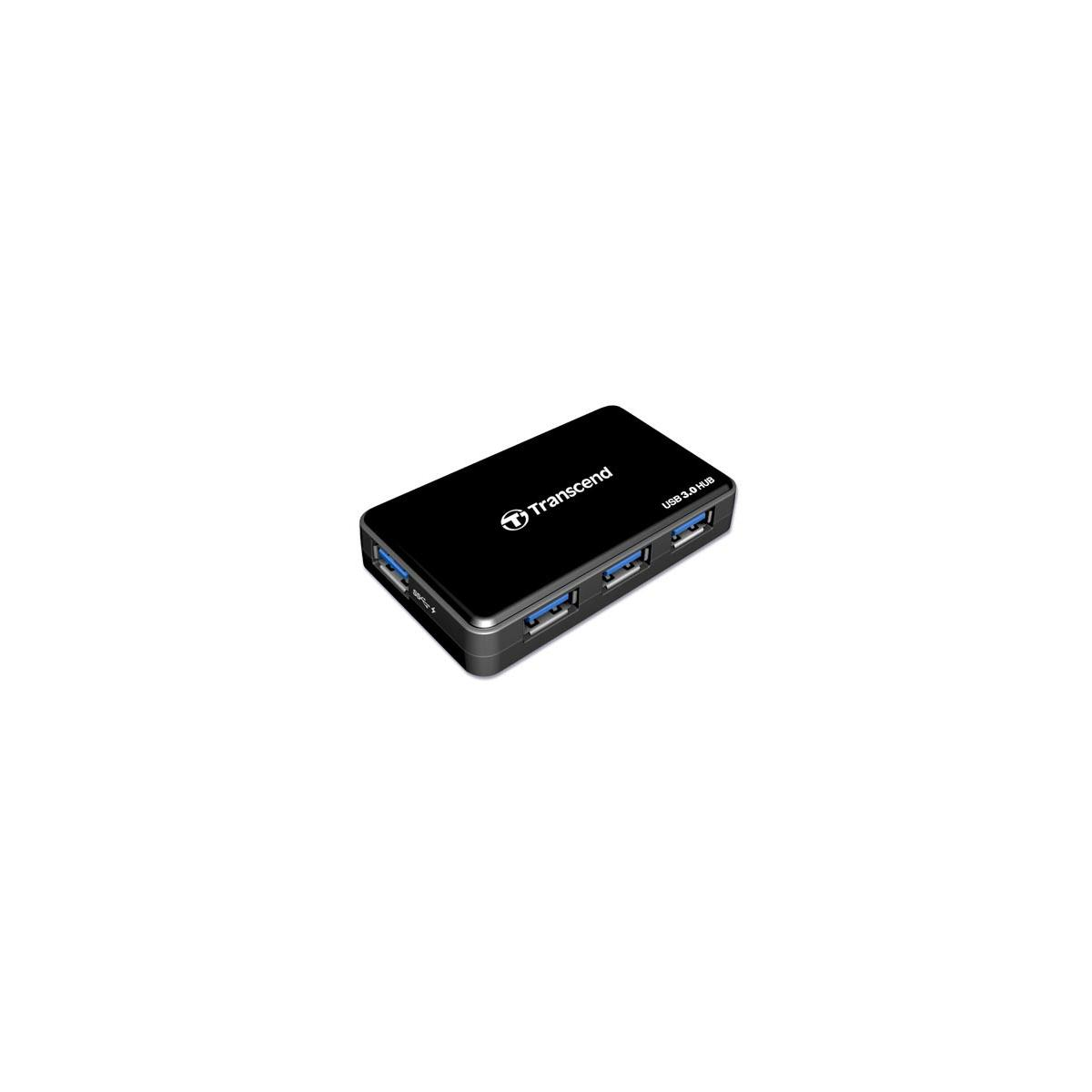 Beyaz arka plan üzerinde dört mavi USB bağlantı noktasına sahip siyah Transcend USB 3.0 hub.