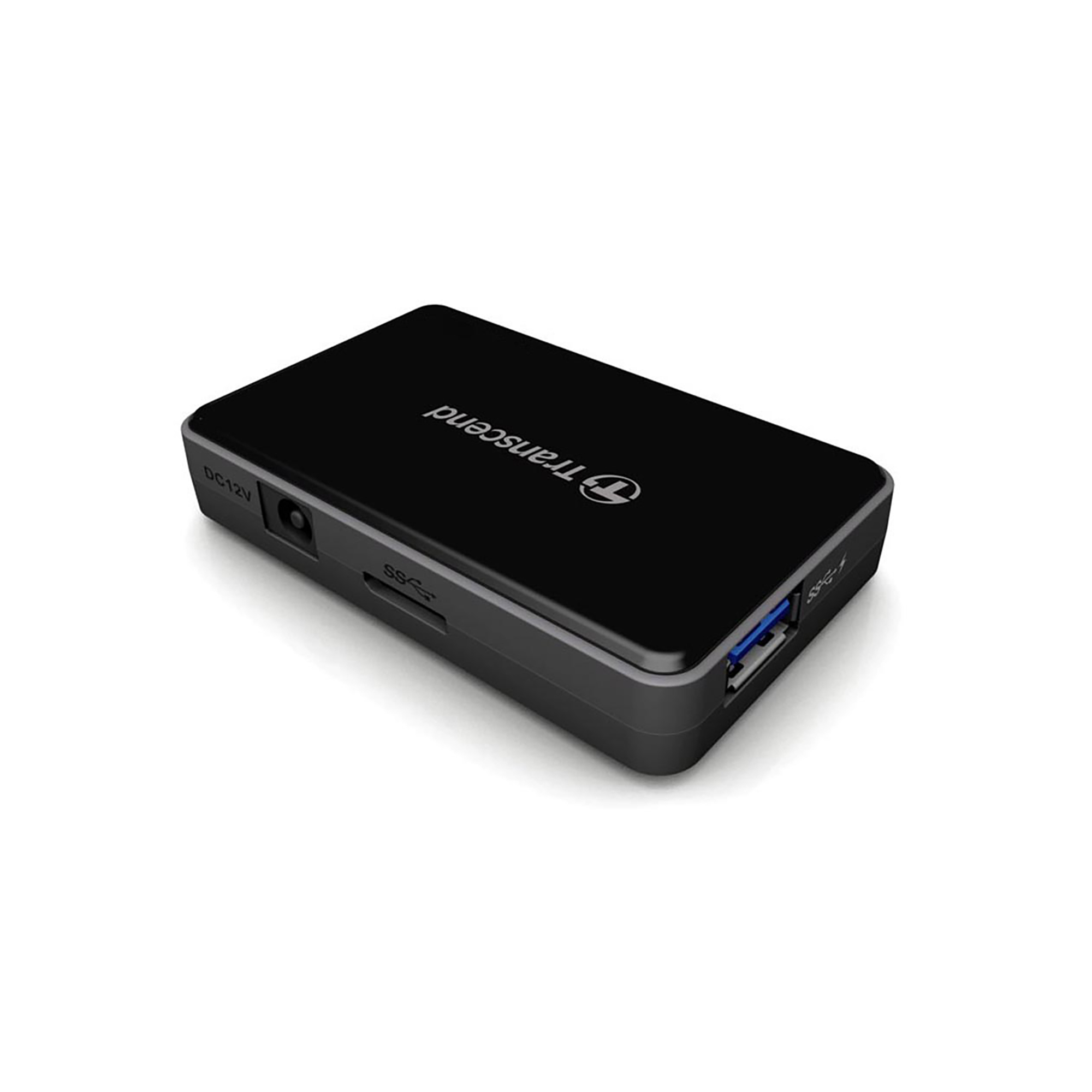 USB ve SD kart bağlantı noktalarına sahip siyah Transcend taşınabilir SSD, beyaz arka plan.