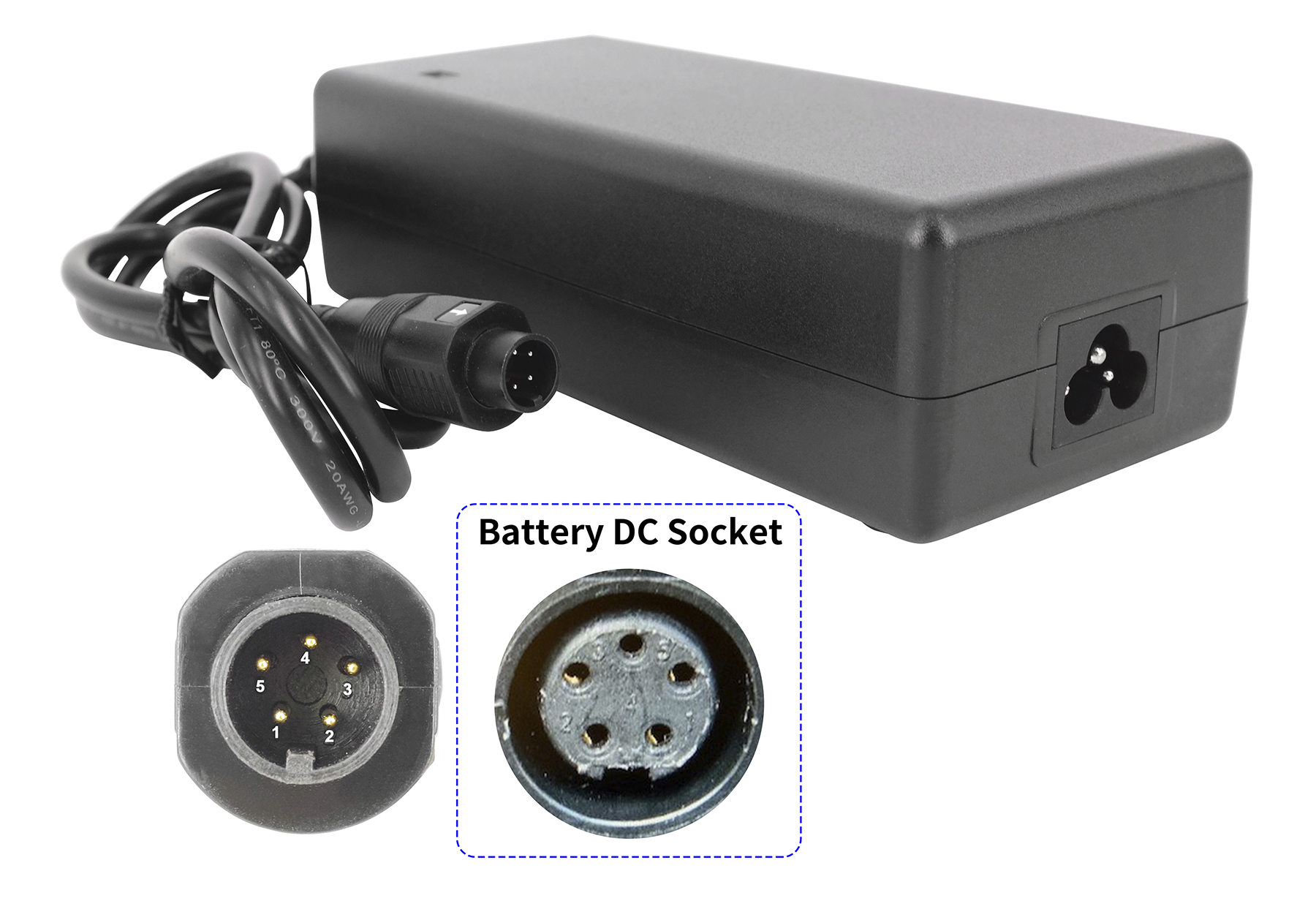 Schwarzer Laptop-Netzteil mit gewickeltem Kabel und Detailansichten der DC-Buchse.