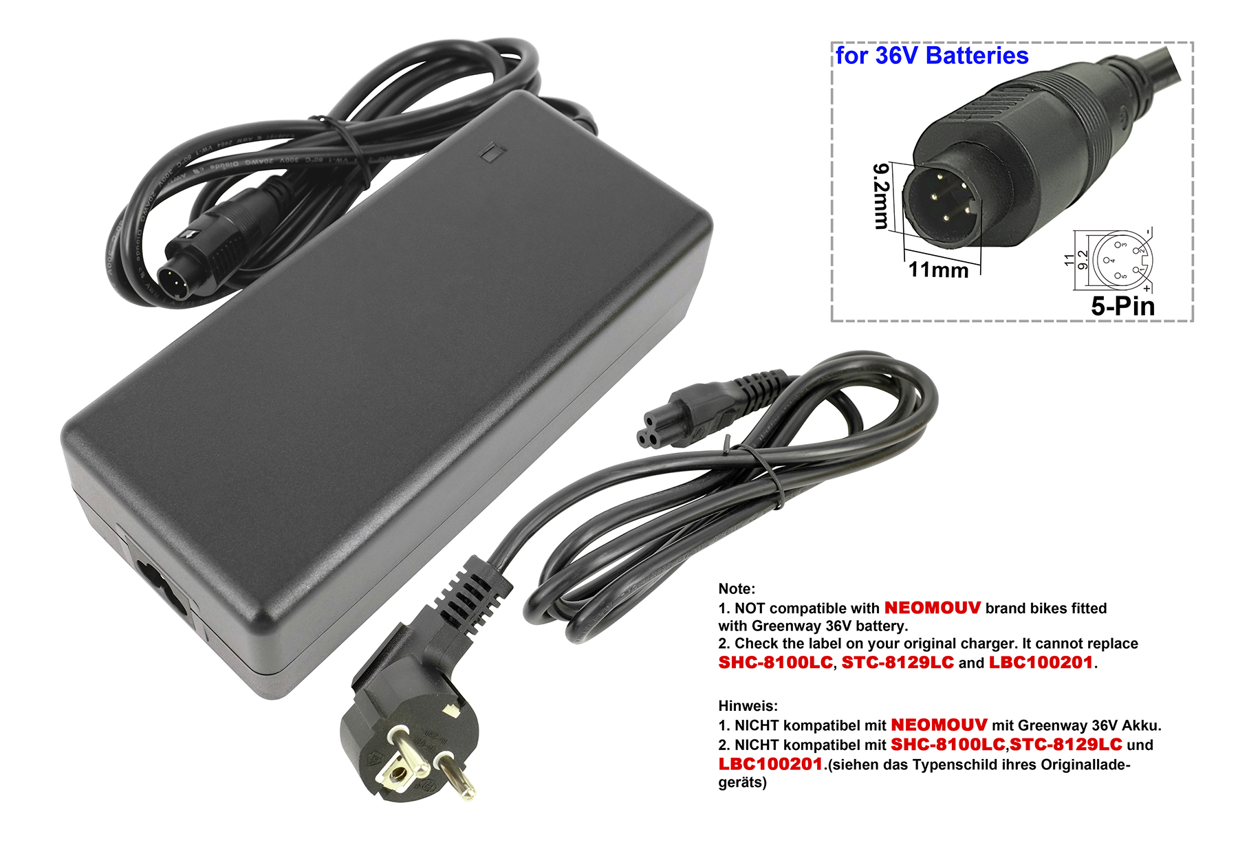 Schwarzes 36V Ladegerät mit 5-Pin-Stecker und EU-Stecker.