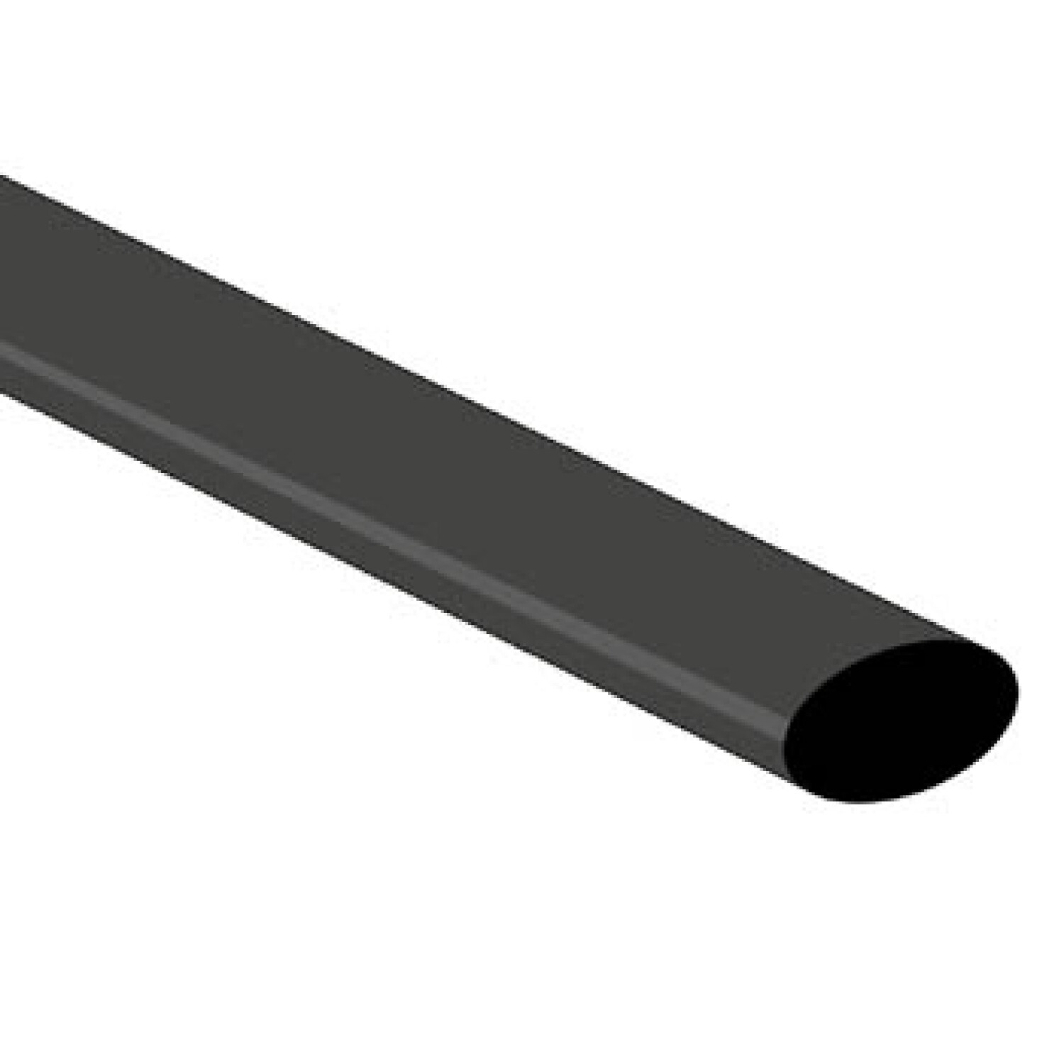 Un tubo ovale grigio scuro giace diagonalmente su sfondo bianco.