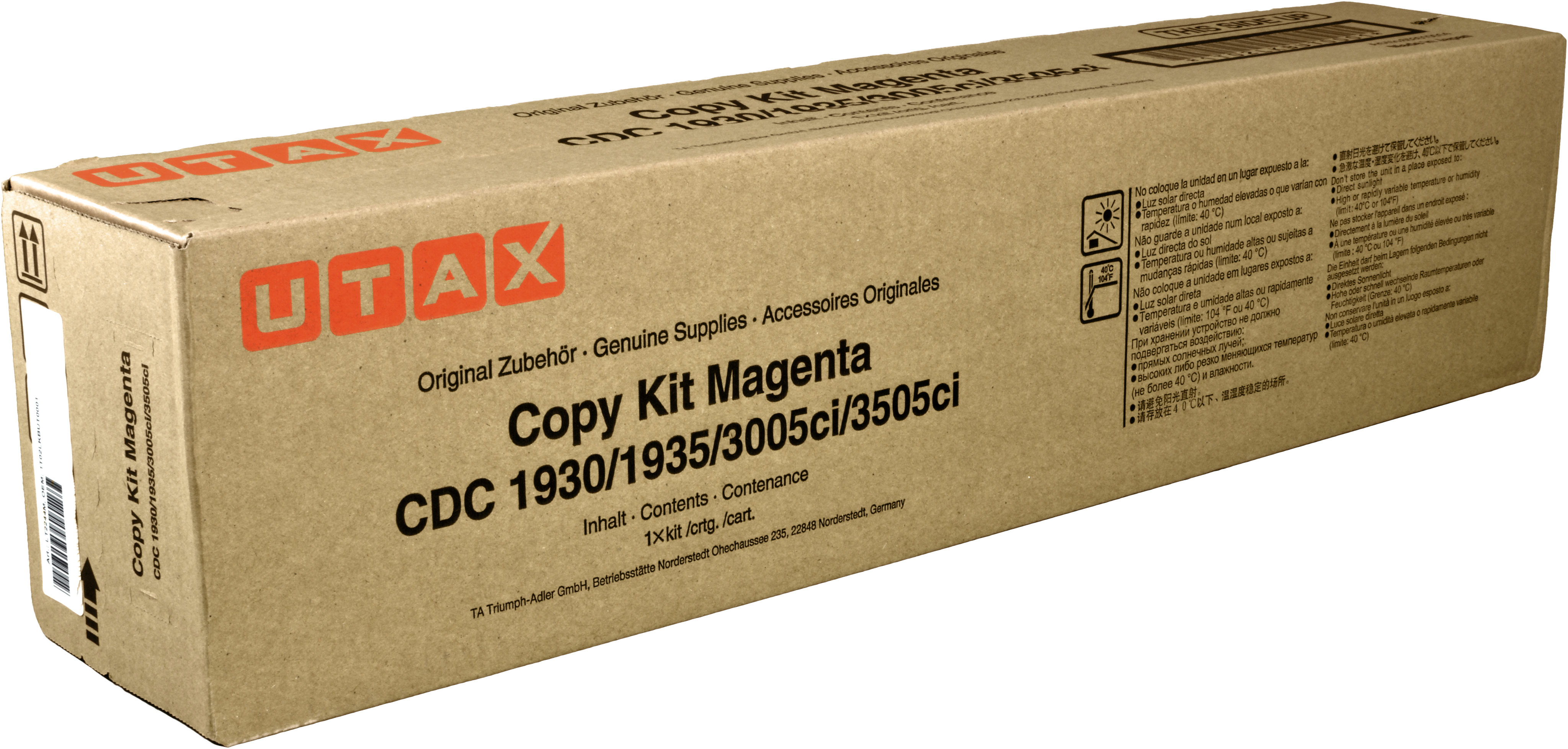 Kit copia UTAX magenta per stampanti, con simboli di avvertenza.