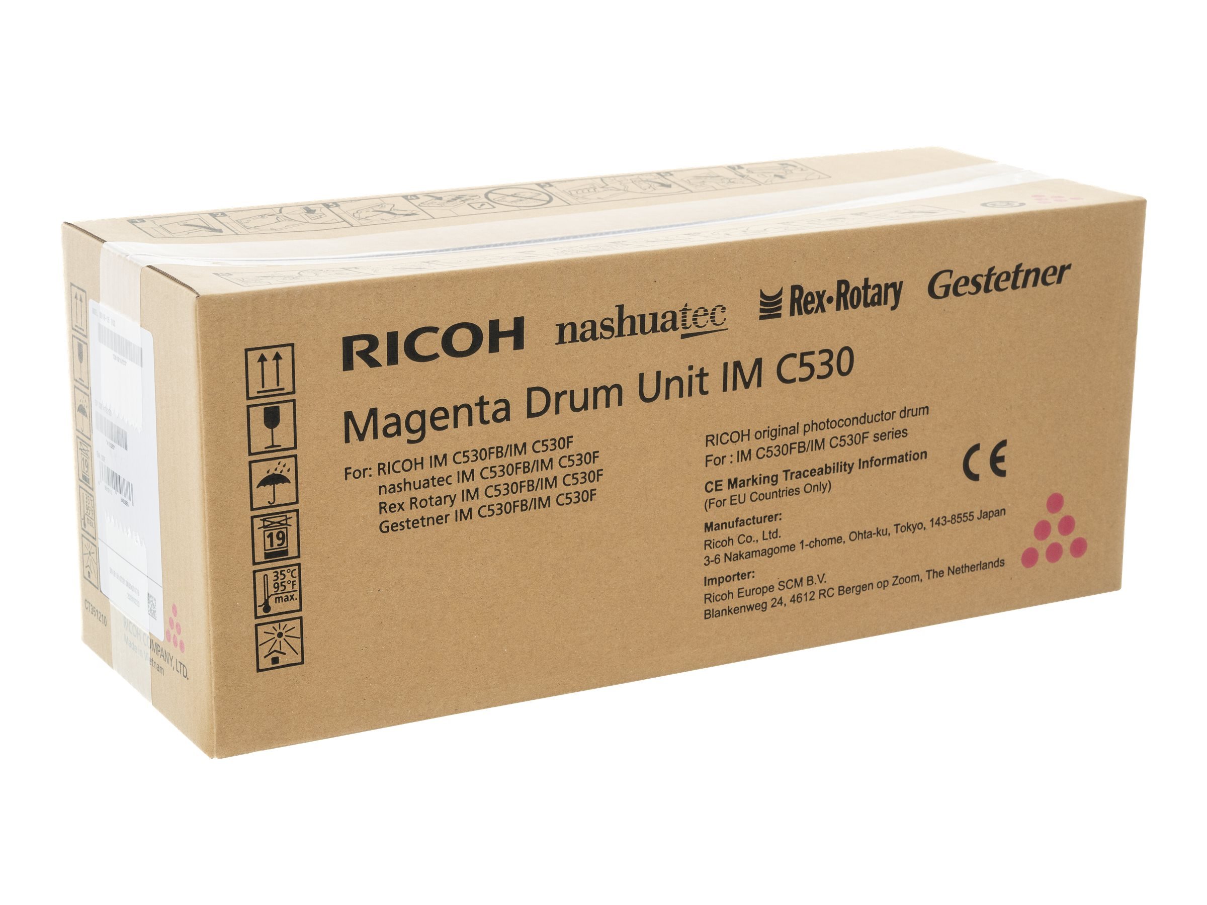 Scatola di cartone per RICOH Magenta Drum Unit IM C530 con icone.