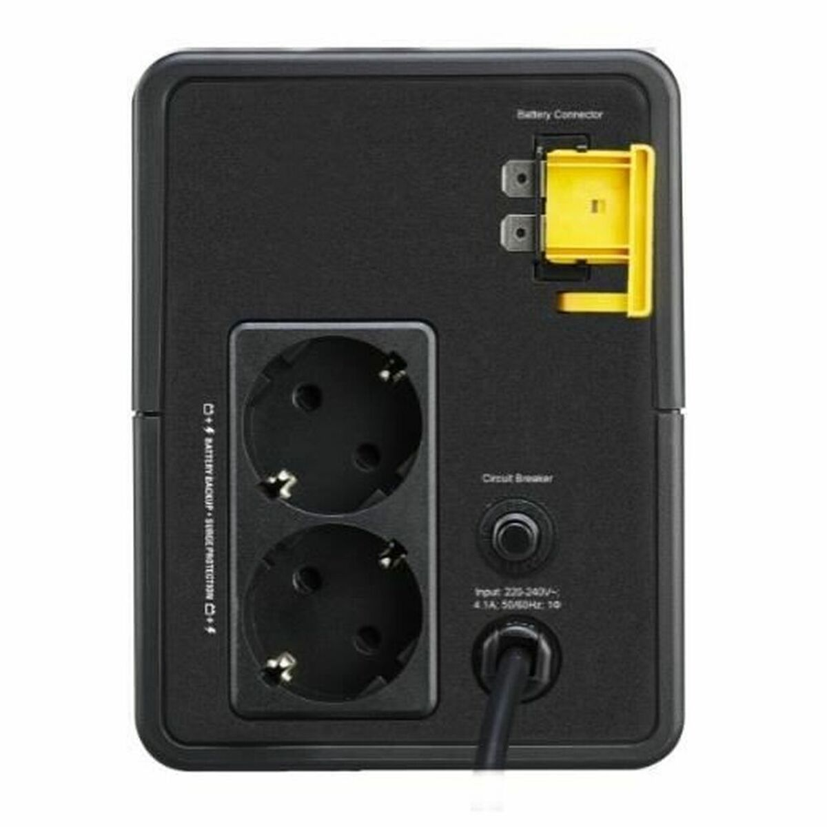 Vista posteriore di un gruppo di continuità nero con due prese, connettore batteria e interruttore.