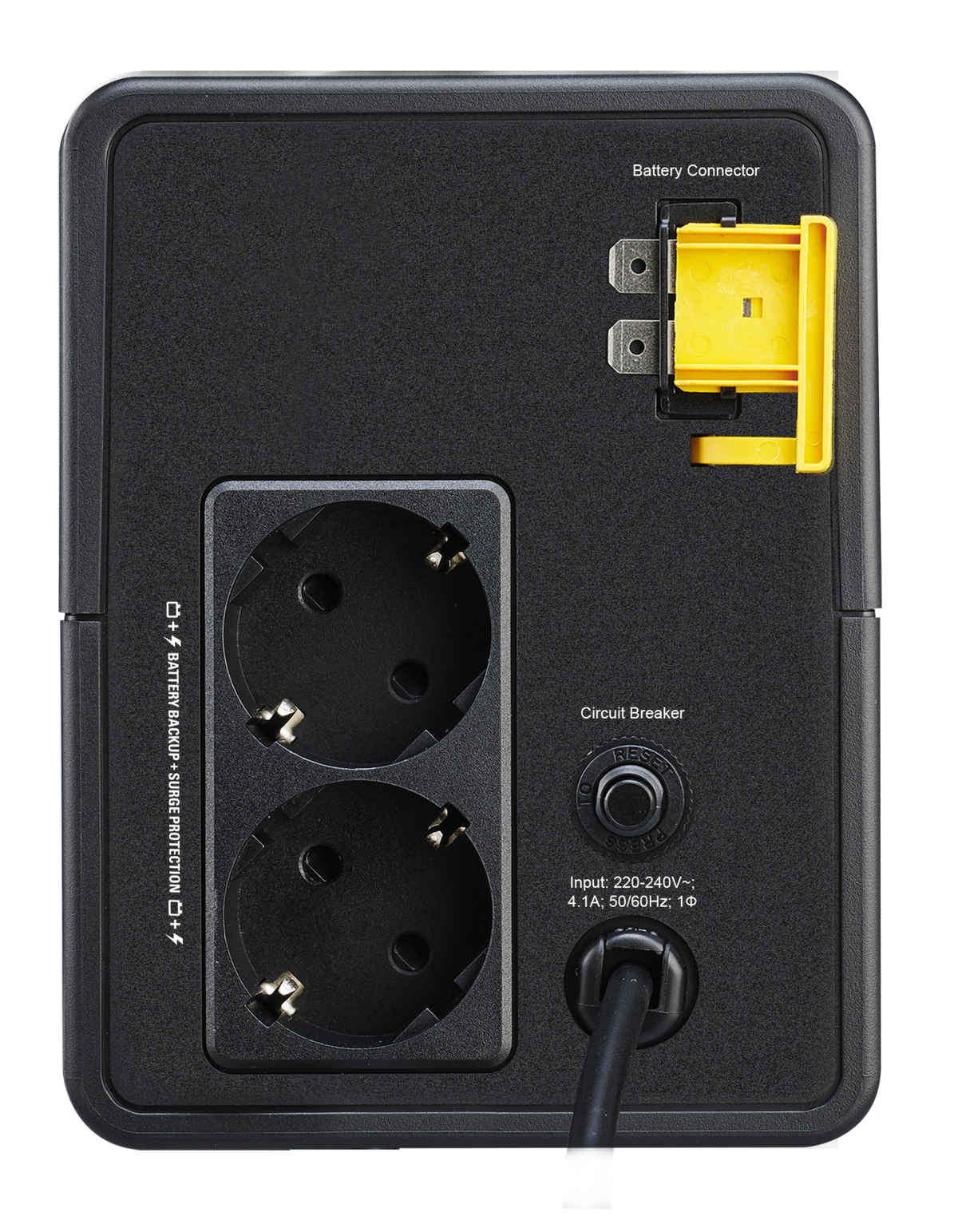 Retro di un gruppo di continuità nero: 2 prese, connettore batteria, interruttore, specifiche ingresso.