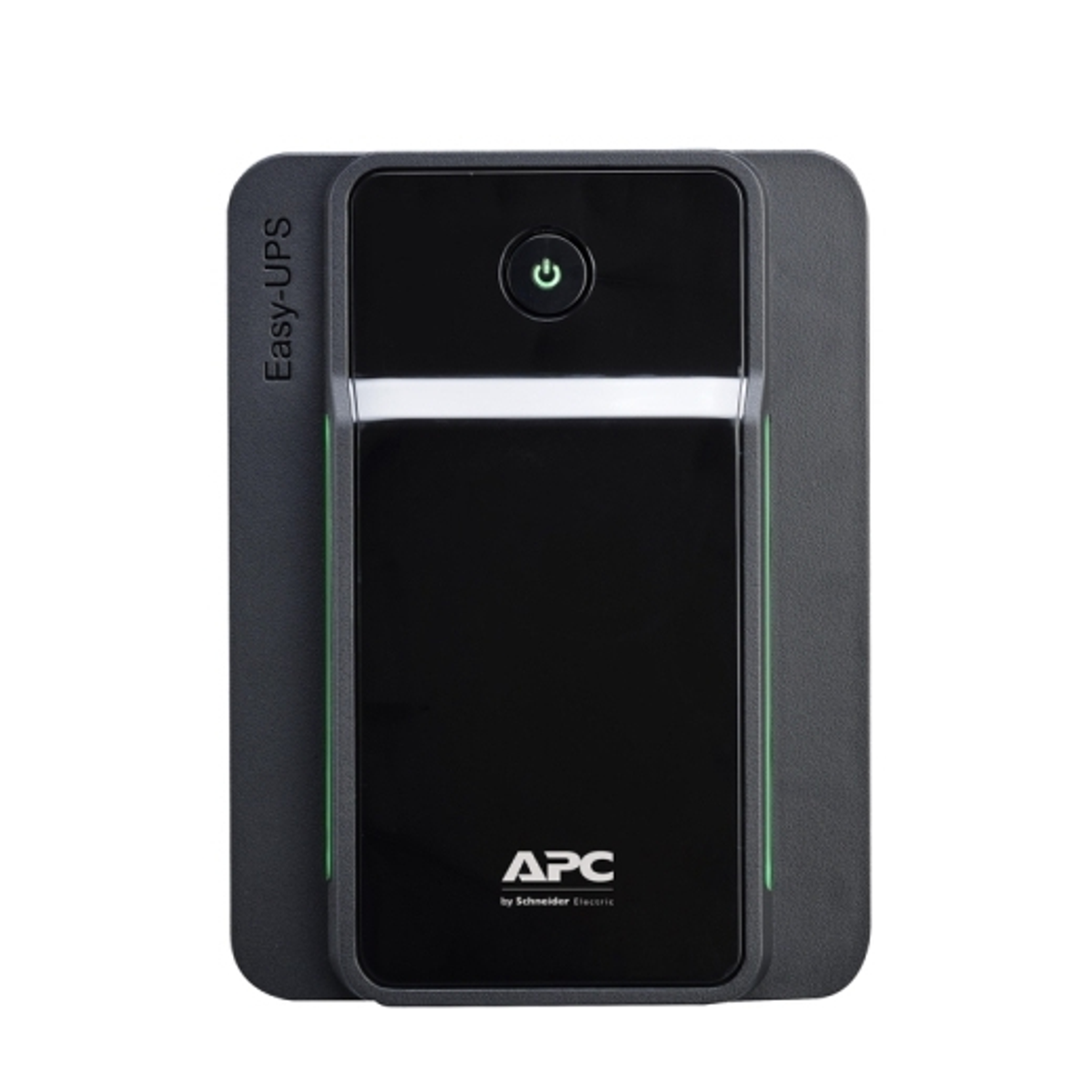 APC Easy-UPS nero con pulsante di accensione verde e striscia LED.