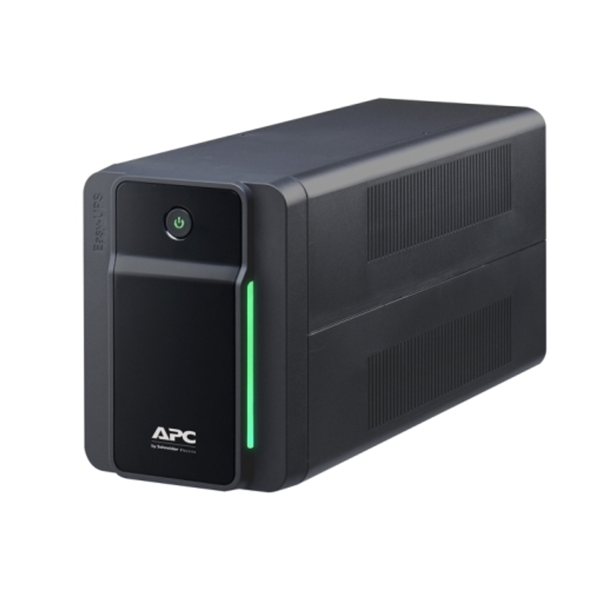 Un APC Easy-UPS nero con pulsante di accensione e spia verde.