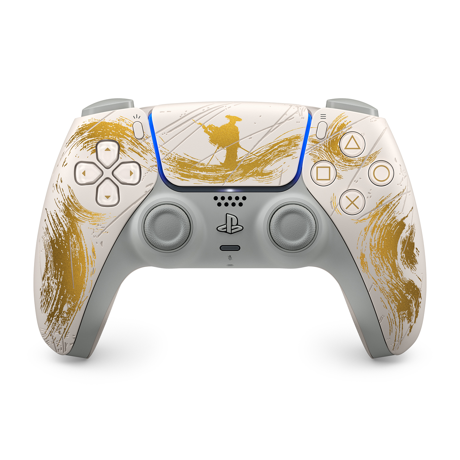 Weiße PS5-Controller mit goldenem abstraktem Design und Samurai-Silhouette.