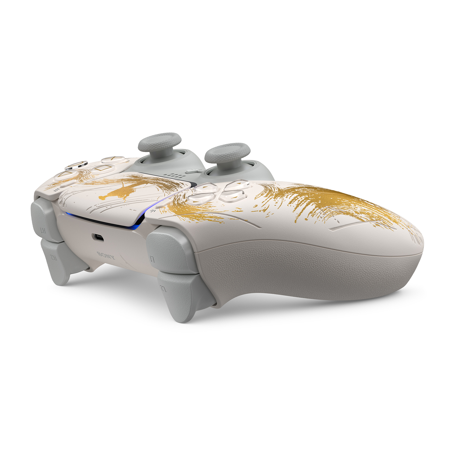 Weißer und goldener Gaming-Controller mit strukturierter Grifffläche und Tasten auf weißem Hintergrund.