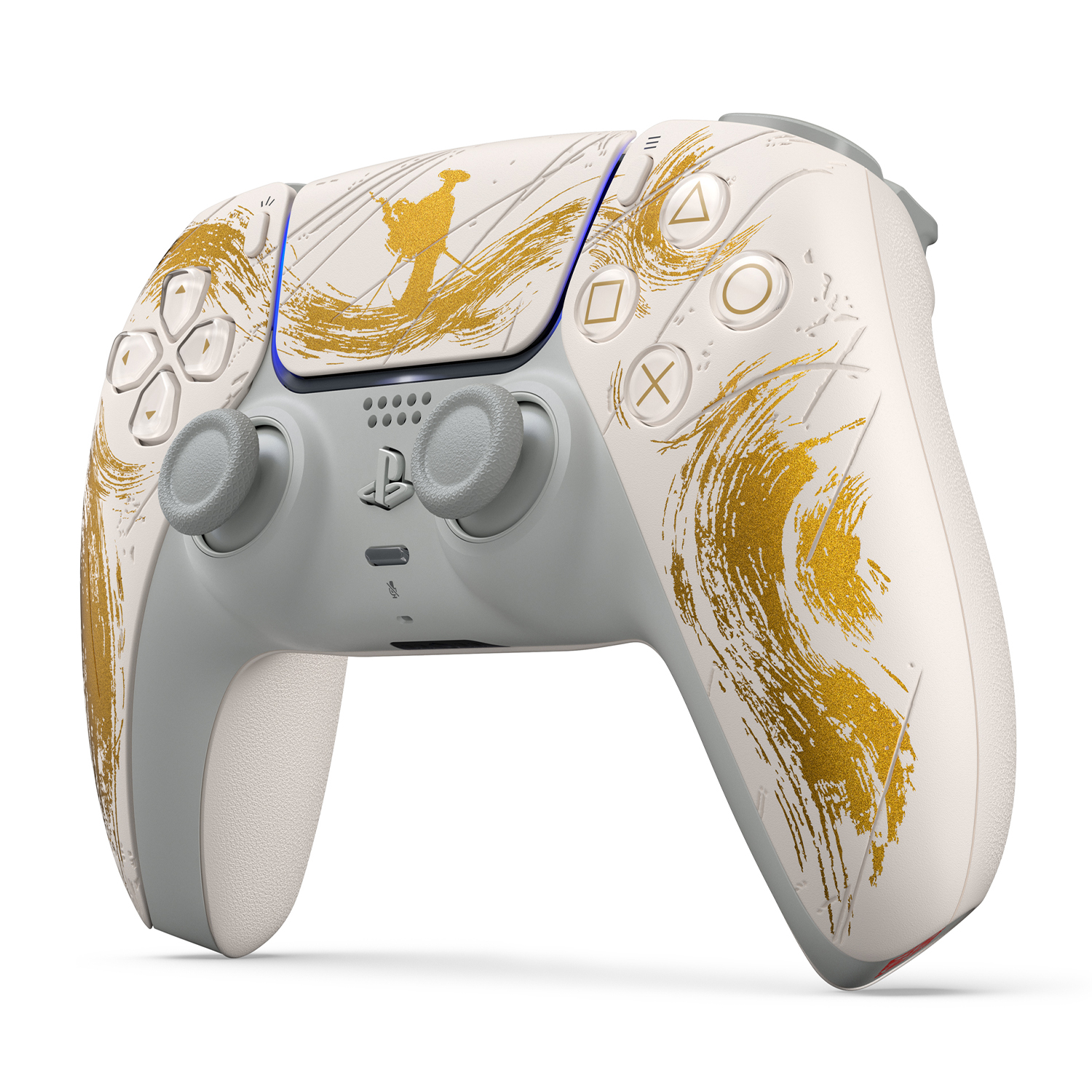Eine weiße und graue PlayStation-Controller mit goldenen Pinselstrichen und blauen Lichtakzenten.