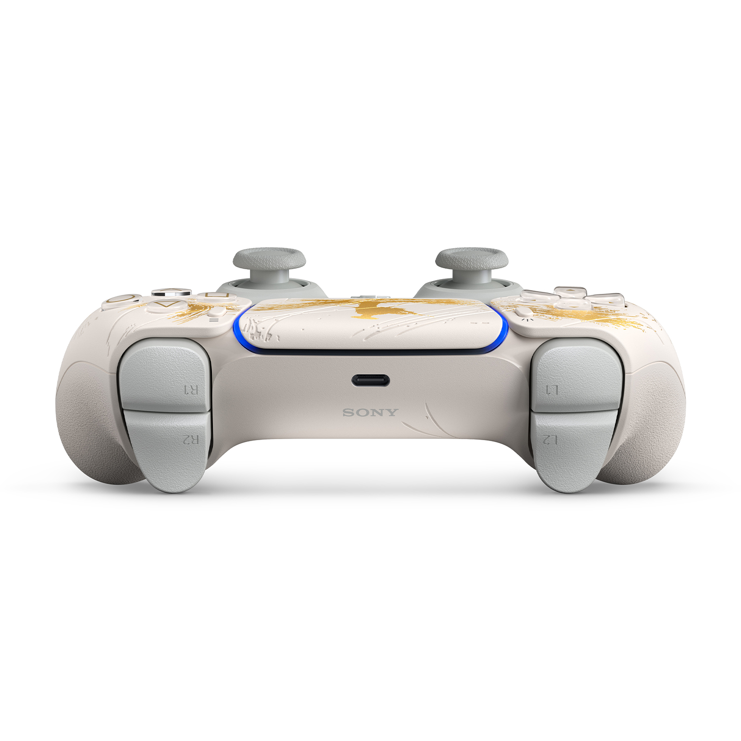 Ein weißer Controller mit goldenen Akzenten und grauen Tasten ist auf weißem Hintergrund zu sehen.