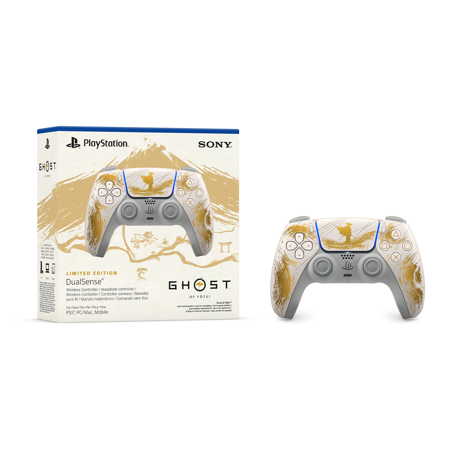 Ghost of Tsushima thematisierte PS5 DualSense Controller und seine Verpackung.