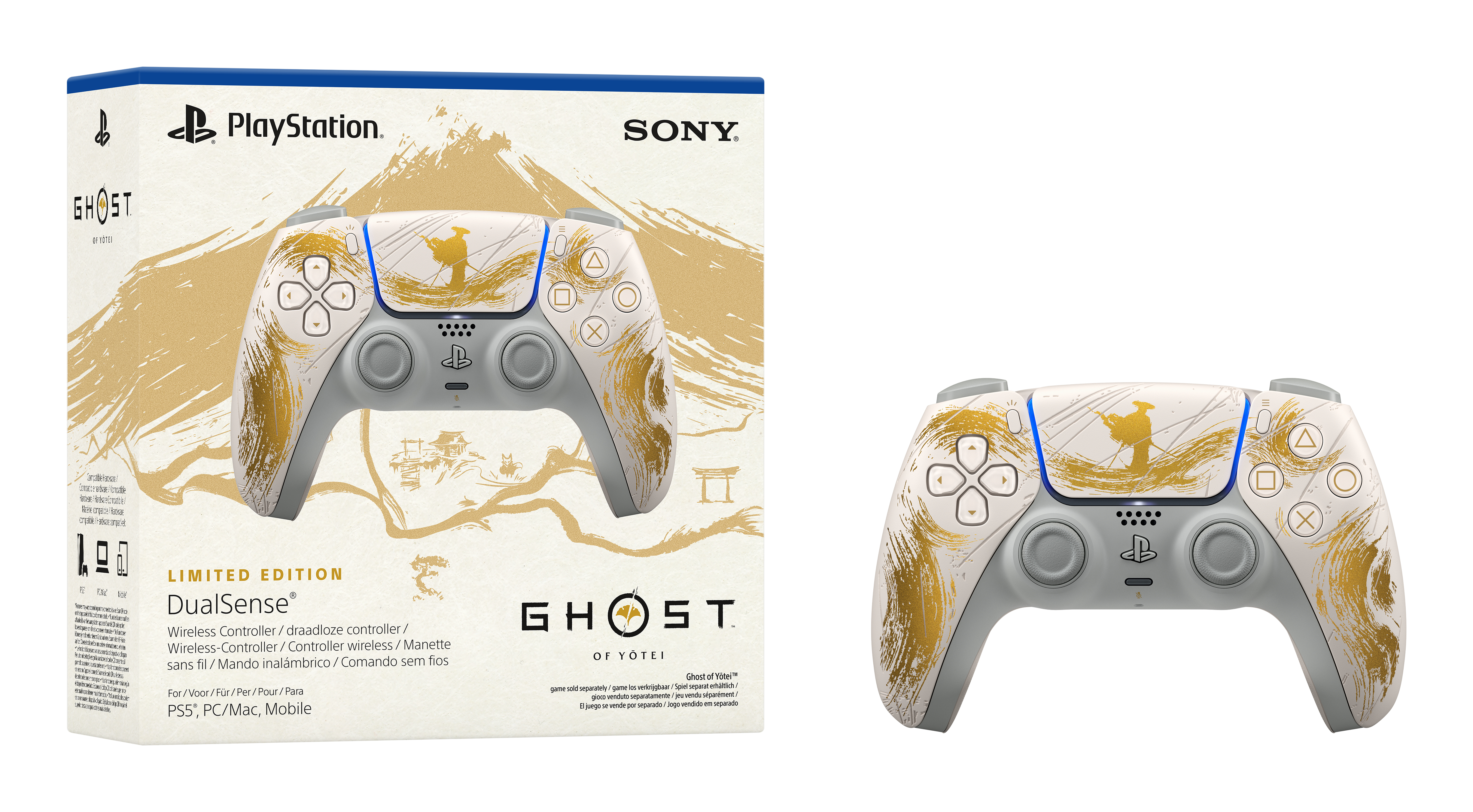 Limitierte Edition Ghost of Tsushima PS5 DualSense Controller mit Golddruck.